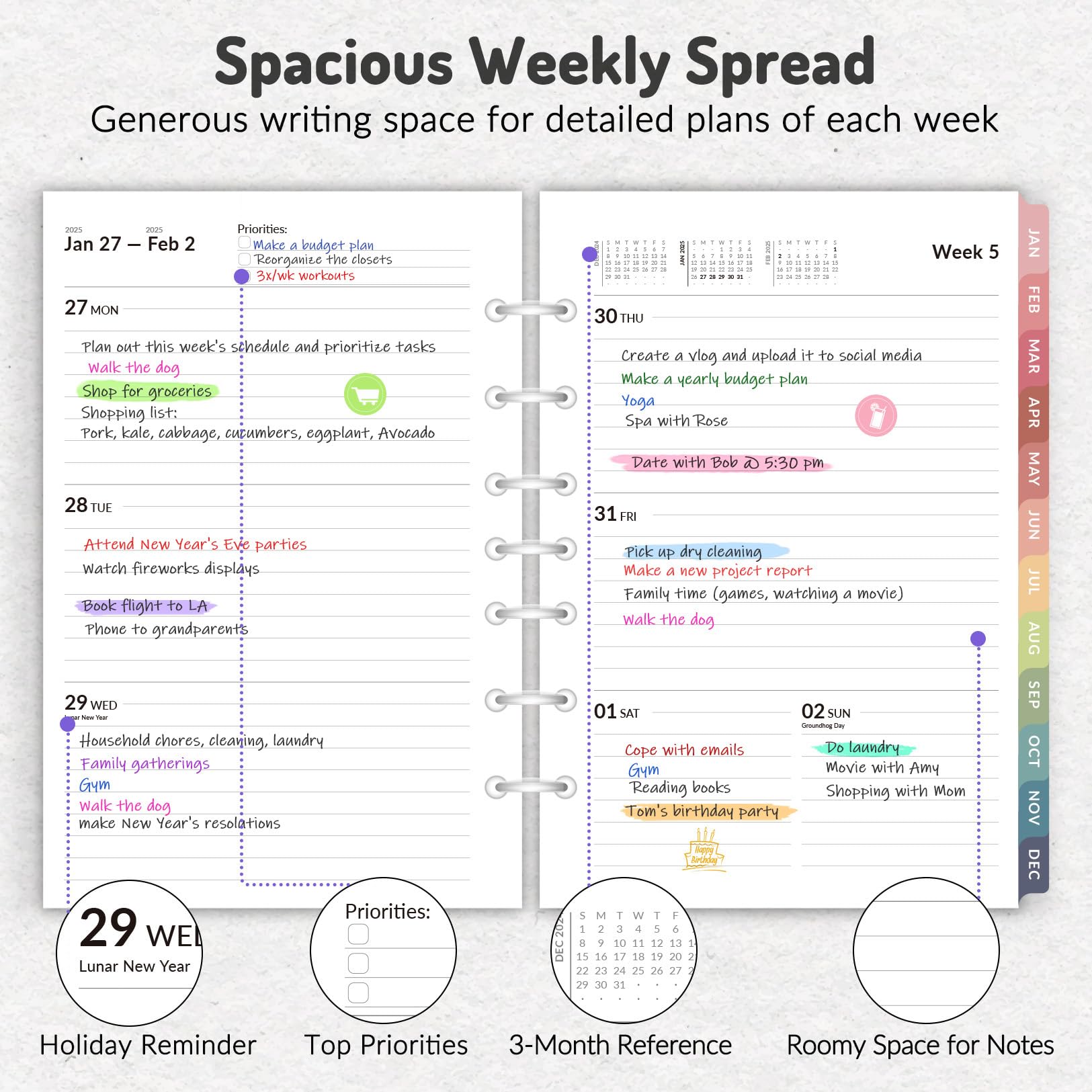 2025 Weekly & Monthly Planner Refill Inserts - 7-Hole Punched Calendar Pages (Jan-Dec 2025) with Index Tabs - 5.5