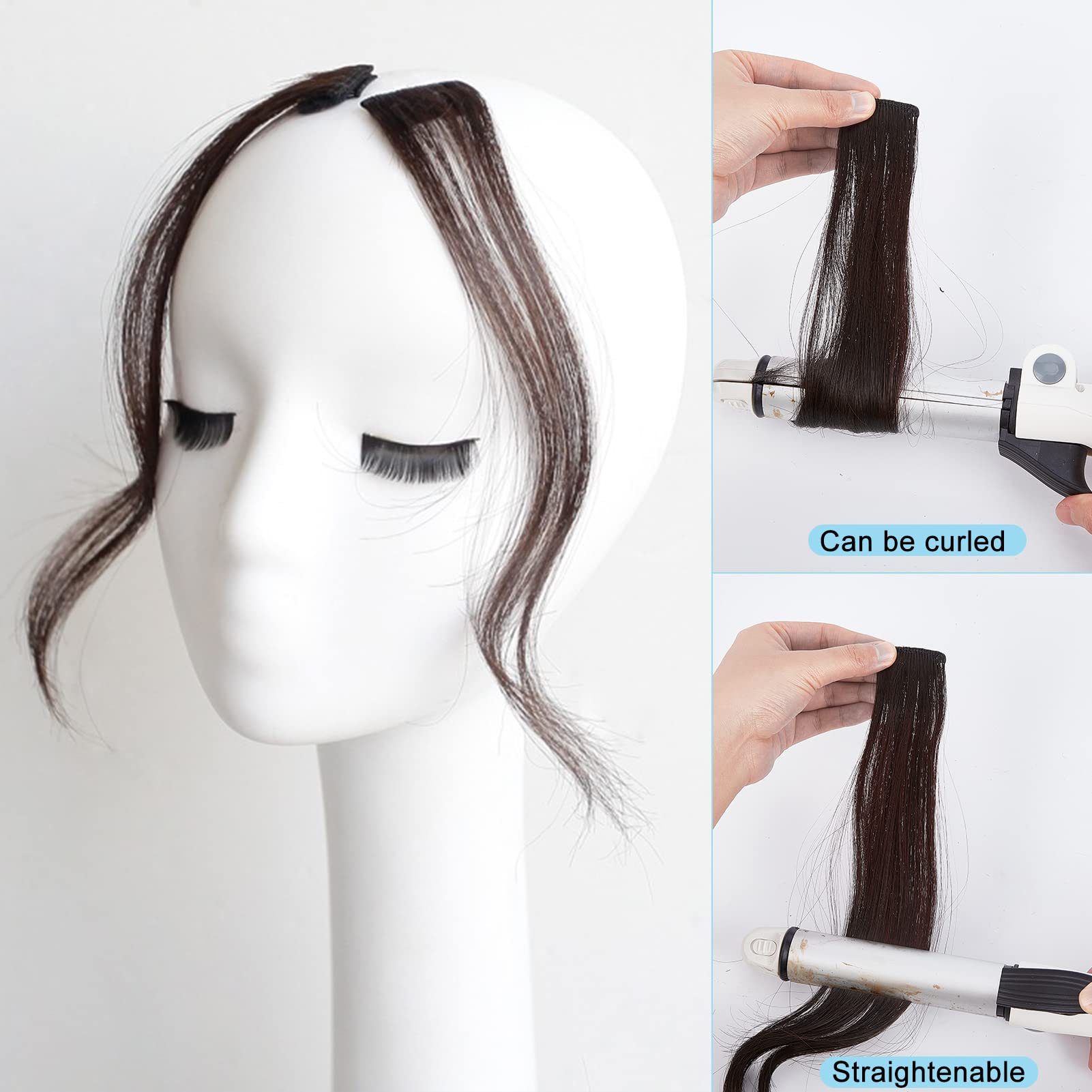 Natural Wave Fringe Hair Extension Clips for Women & Girls - 2PCS Human Curly Hair Bangs Clips with Long Front Side Bangs - Perfect for Daily Wear, Cosplay & Styling (Brown)