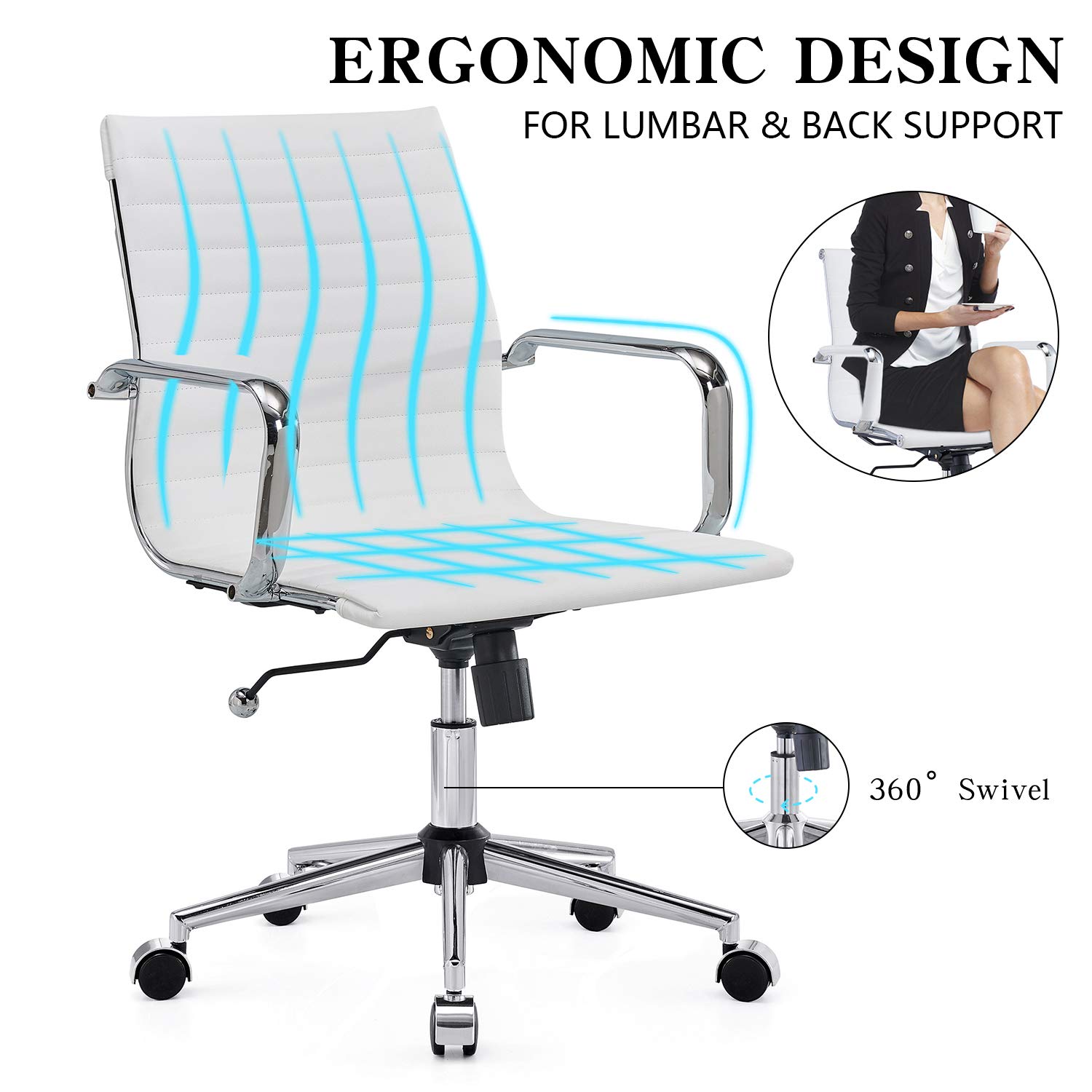 Ergonomic Adjustable Black Leather Office Chair - Swivel Executive Desk Chair with Ribbed Design, Armless for Home & Office Use - Perfect for Long Work Hours & Professional Workspaces