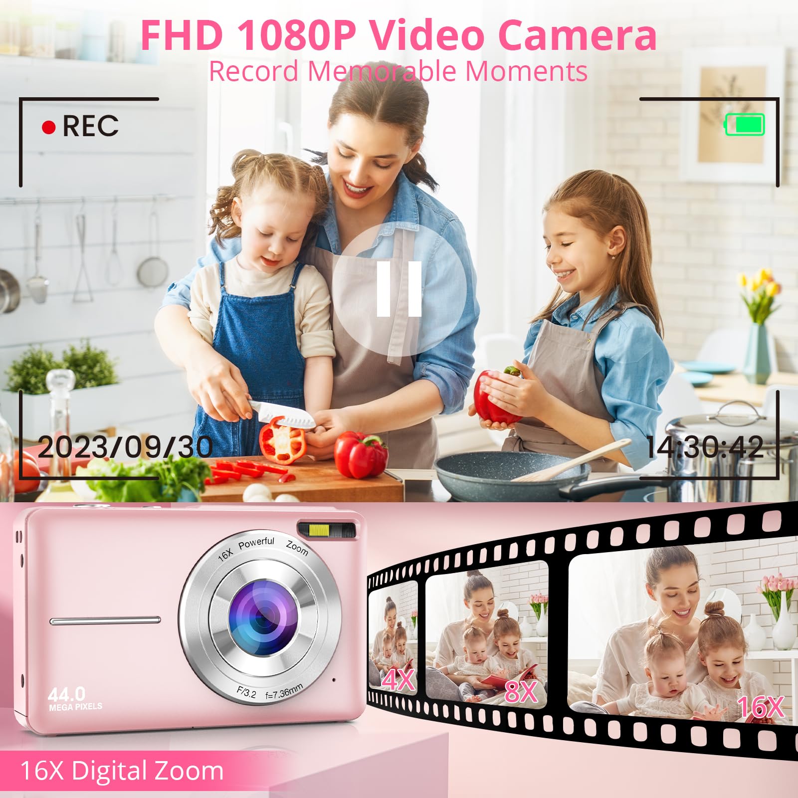 44MP FHD 1080P Digital Camera with 16X Zoom & Anti-Shake | Compact Point and Shoot Camera for Kids, Teens & Students | Perfect for Travel, Birthday Gifts & School Projects (Pink)
