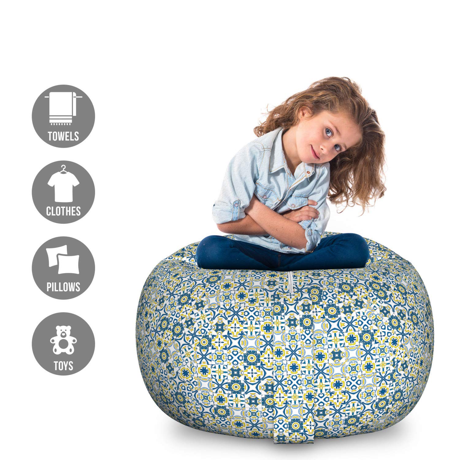 Ambesonne Ethnic Storage Toy Bag Chair - Traditional Moroccan Mosaic Design, European Medieval Pattern Stuffed Animal Organizer - Washable Large Size in Blue, Yellow & White | Perfect for Kids' Room, Playroom & Nursery Organization