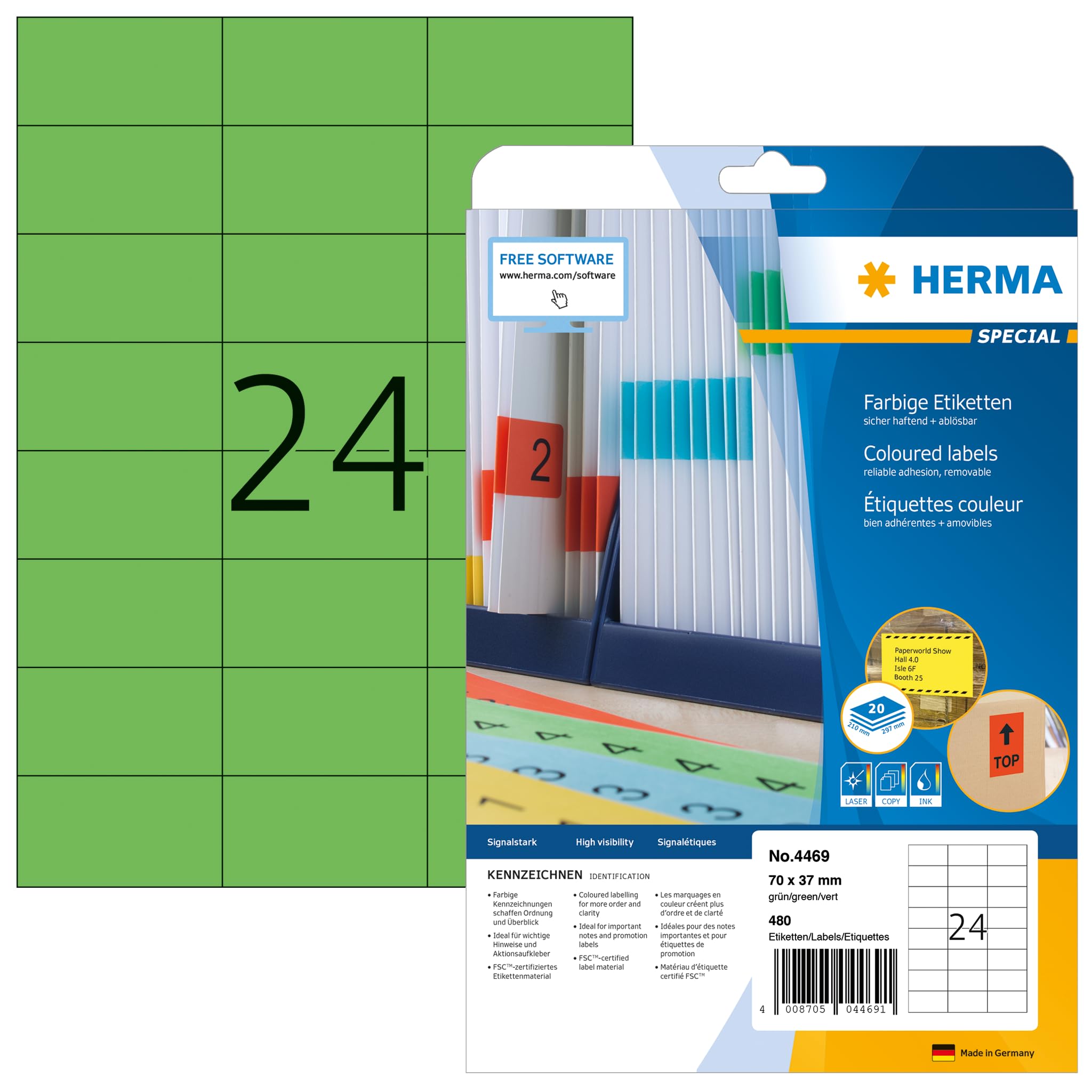 HERMA 4469 Self Adhesive Colored Labels - 480 Blank Removable Stickers (70x37mm, 24 per A4 Sheet, 20 Sheets) for Laser & Inkjet Printers - Perfect for Organizing, Color Coding & Mailing (Green)