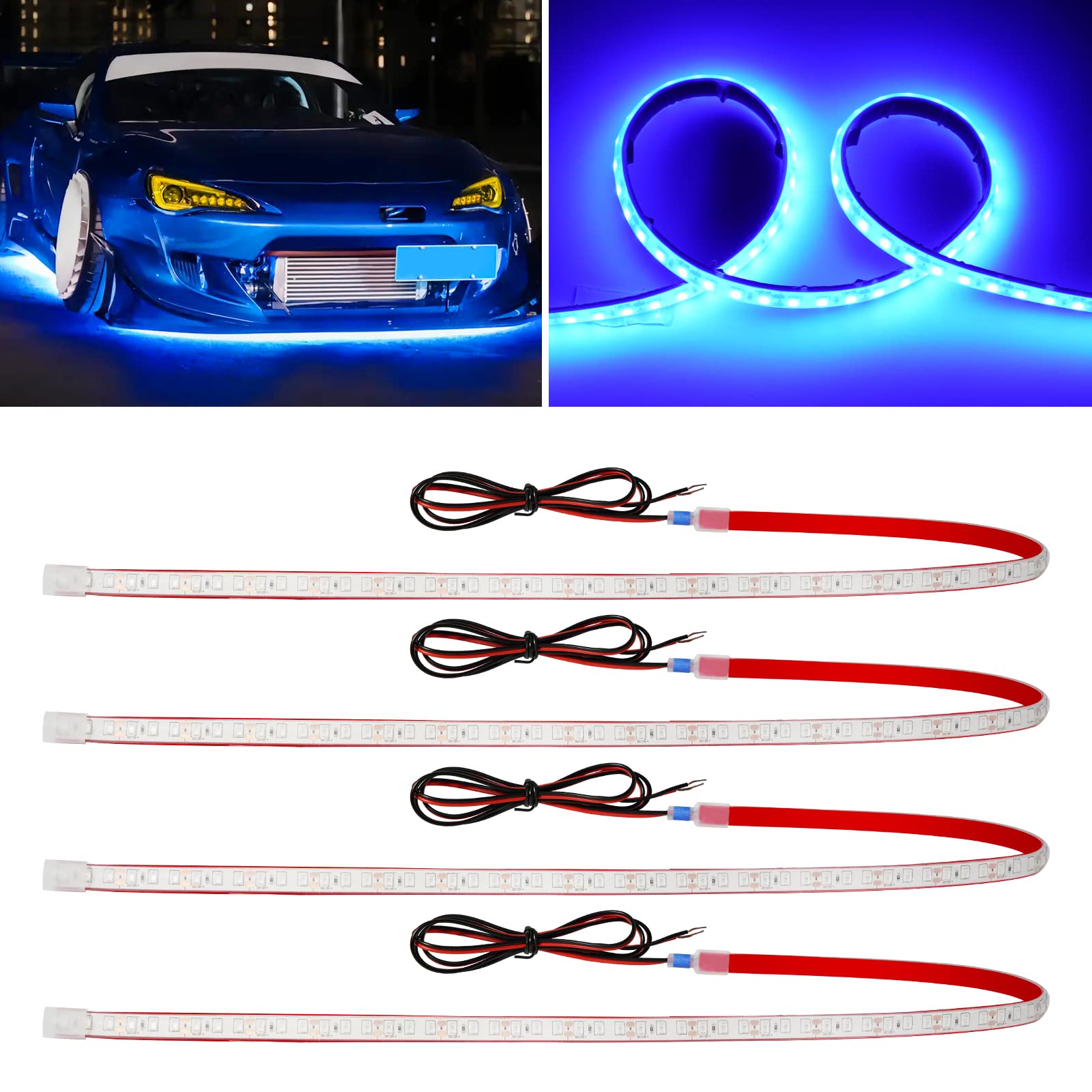Blue LED Strip Lights 24 Inch, 12V Waterproof Car LED Light Strips - Cuttable for Cars, Motorcycles, Boats, Golf Carts, Trucks & Home Decoration (4PCS) | Durable Nano Tape for Indoor & Outdoor Use