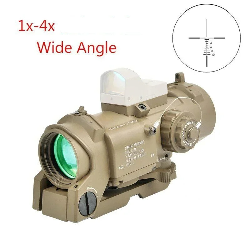 1-4x24 Wide Angle Tactical Rifle Scope with Mini Red Dot Sight | Dual Purpose Hunting & Shooting Accessory | Includes Rubber Covers (Black/Tan) | Perfect for Hunting, Target Practice & Tactical Training