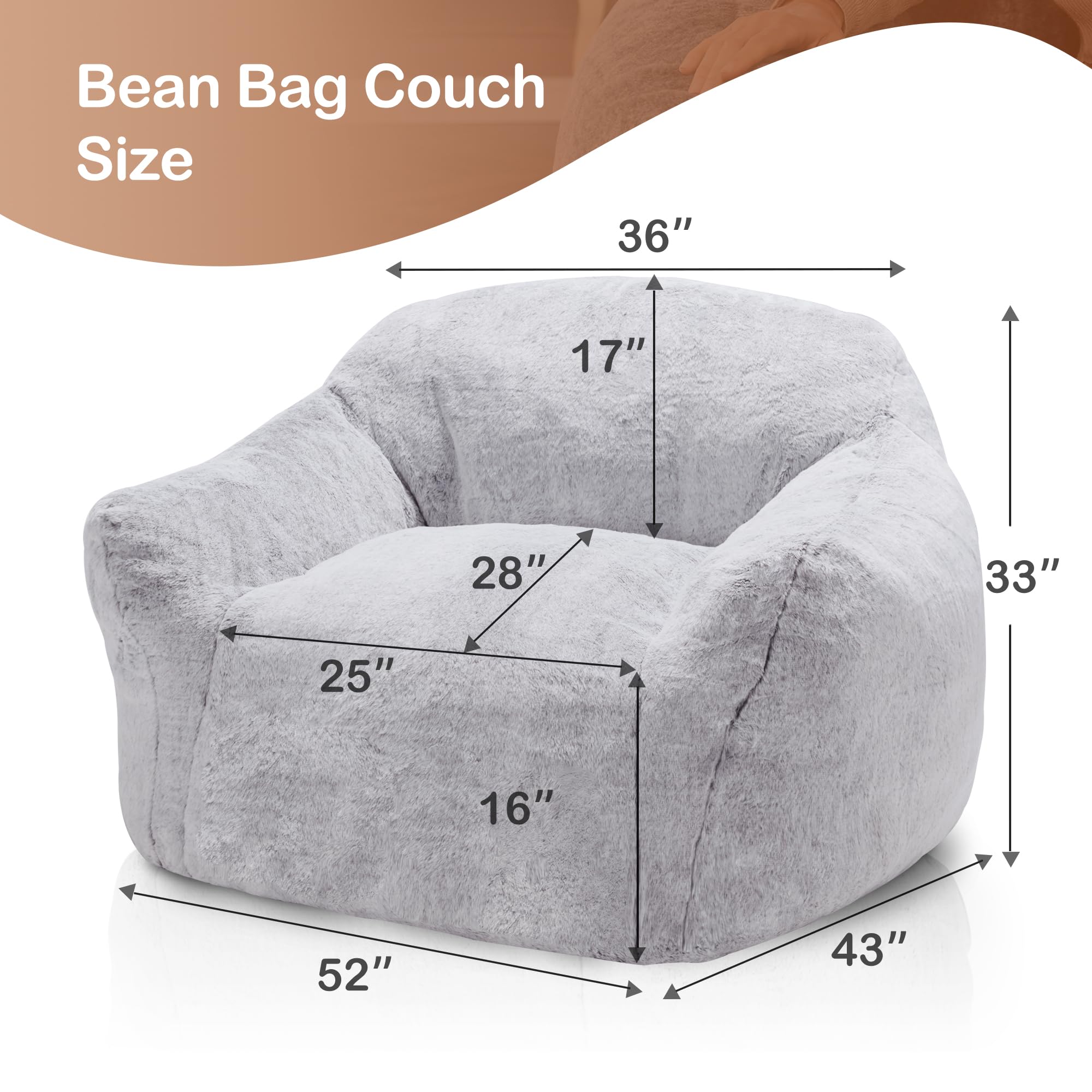 Homguava Giant Bean Bag Chair - High-Density Foam Filled Oversized Lazy Sofa with Armrests for Adults - Comfortable Lounge Chair for Living Room, Bedroom, Game Room & Dorm (Light Grey) - Perfect for Relaxing, Gaming & Movie Nights