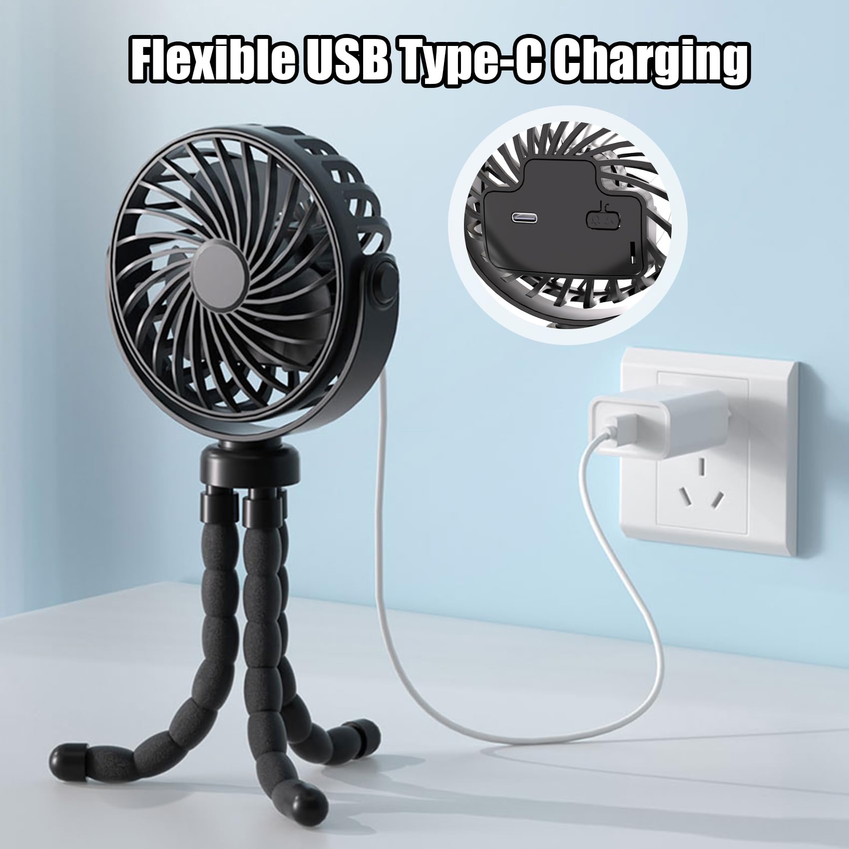 Mini Portable Stroller Fan with 360° Rotation - 3 Speed Battery Operated Clip Fan, Flexible Tripod & Detachable Design for Baby Car Seat, Crib, Treadmill & Travel - Perfect for Outdoor Activities, Gym Workouts & Nursery Cooling (Black)