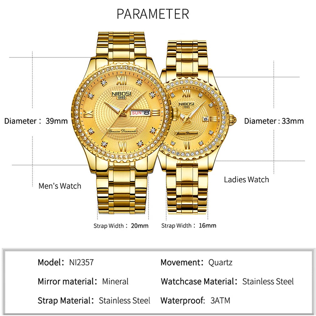 Luxury Diamond Couple Watches for Men and Women - His and Hers Matching Wristwatch Set, Waterproof Analog Quartz Watch with Day/Date - Perfect for Valentine's Day, Wedding Gifts & Anniversary Celebrations