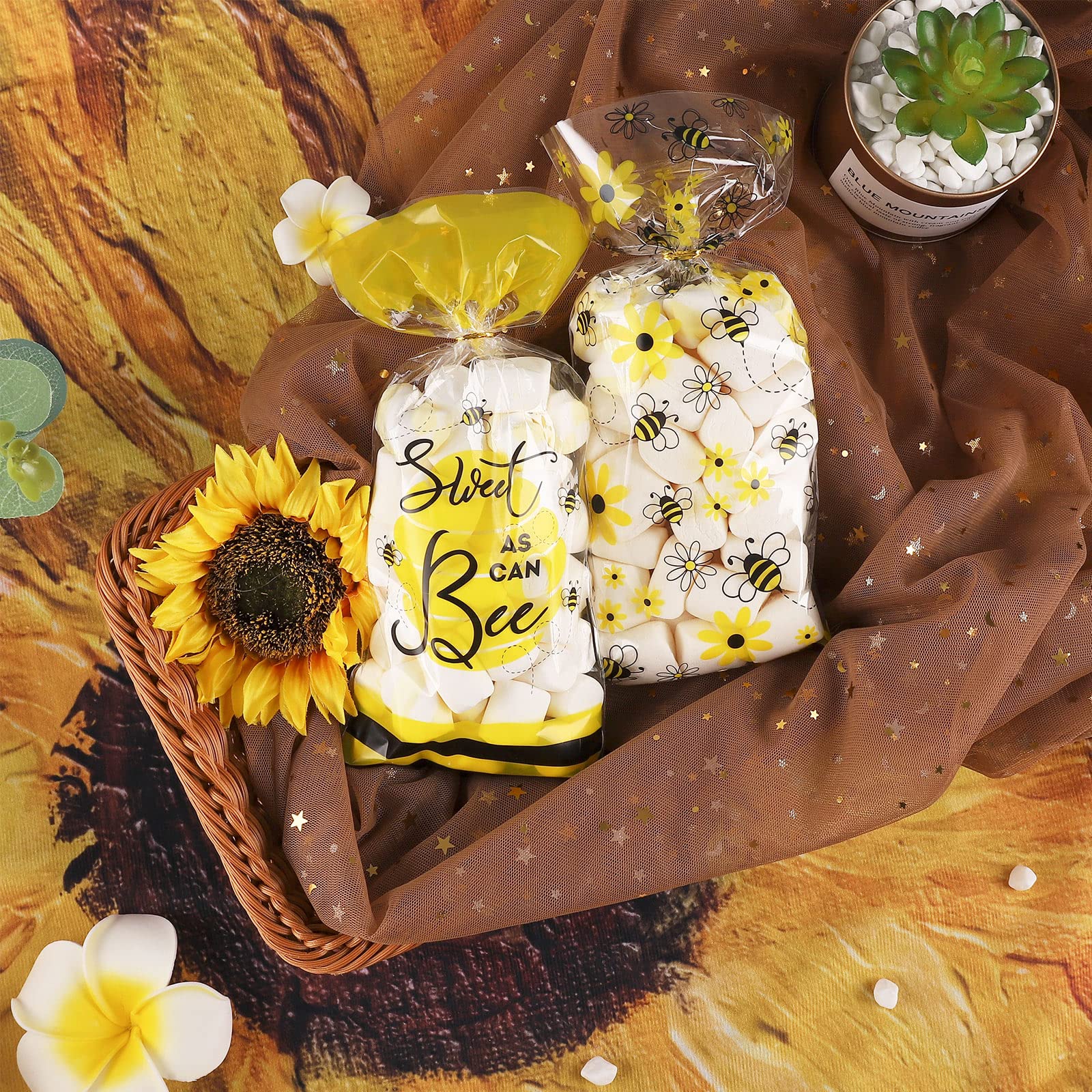Whaline 150Pcs Spring Bee Party Favor Bags - 3 Adorable Honey Bee Design Cellophane Treat Bags with Gold Twist Ties for Candy, Goodies & Party Supplies | Perfect for Birthday Celebrations, Baby Showers & Spring Themed Events