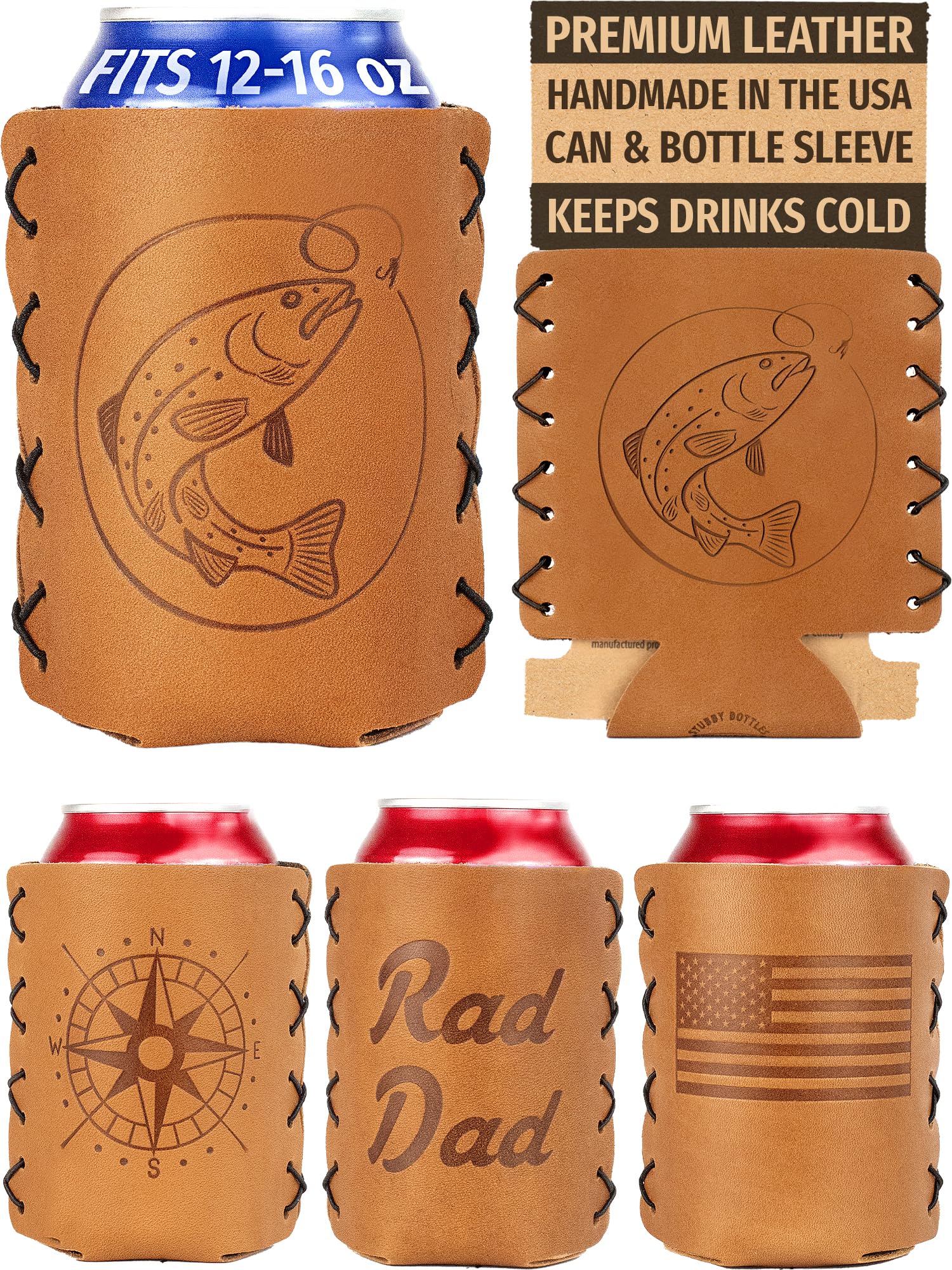 Premium Genuine Leather Can Holder Sleeve for 12-16oz Cans | Insulated Beer, Soda & Seltzer Koozie | USA Made Fishing & Camping Accessory | Perfect Gift for Men & Women | Outdoor, BBQ & Tailgating Essential