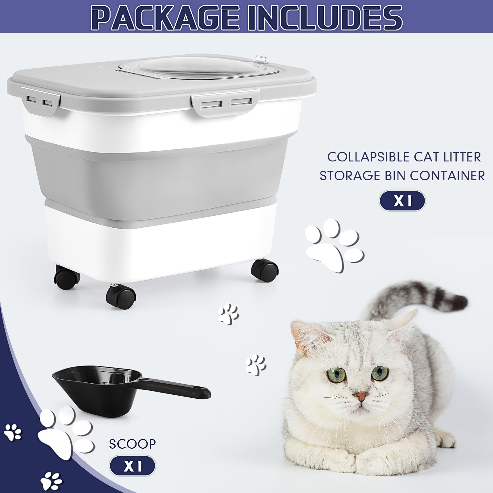 Collapsible Cat Litter Storage Bin with Airtight Lid - Portable Wheeled Pet Food Container for Cats - Leakproof Kitchen Storage for Cereal, Rice & Dry Goods - Perfect for Home, Travel & Pet Care Organization