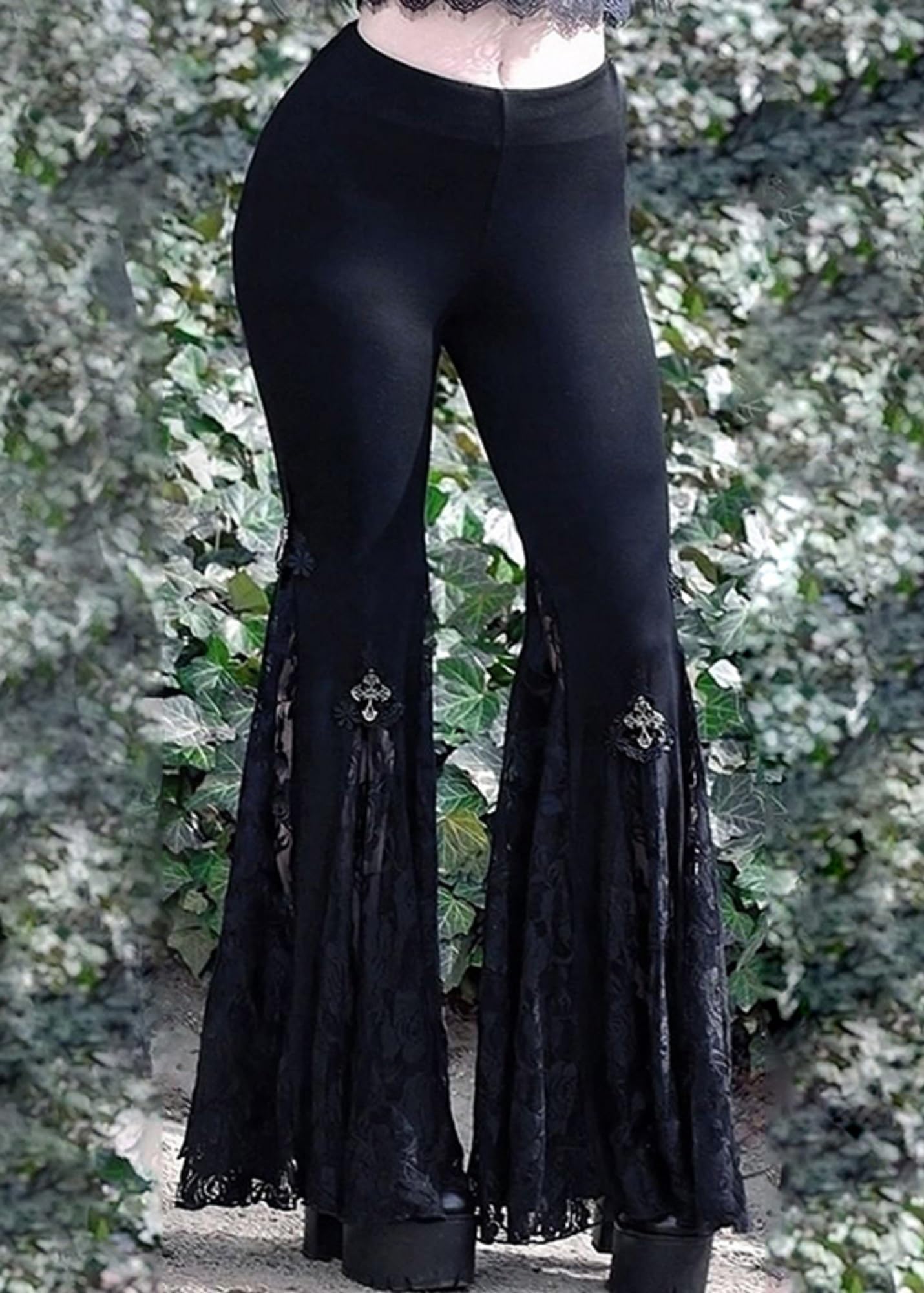 Gothic Punk Flare Pants for Women - Y2K Grunge Trousers with Lace Patchwork & Chain Details | Emo Fashion, Streetwear, Alternative Clothing for Concerts & Night Out