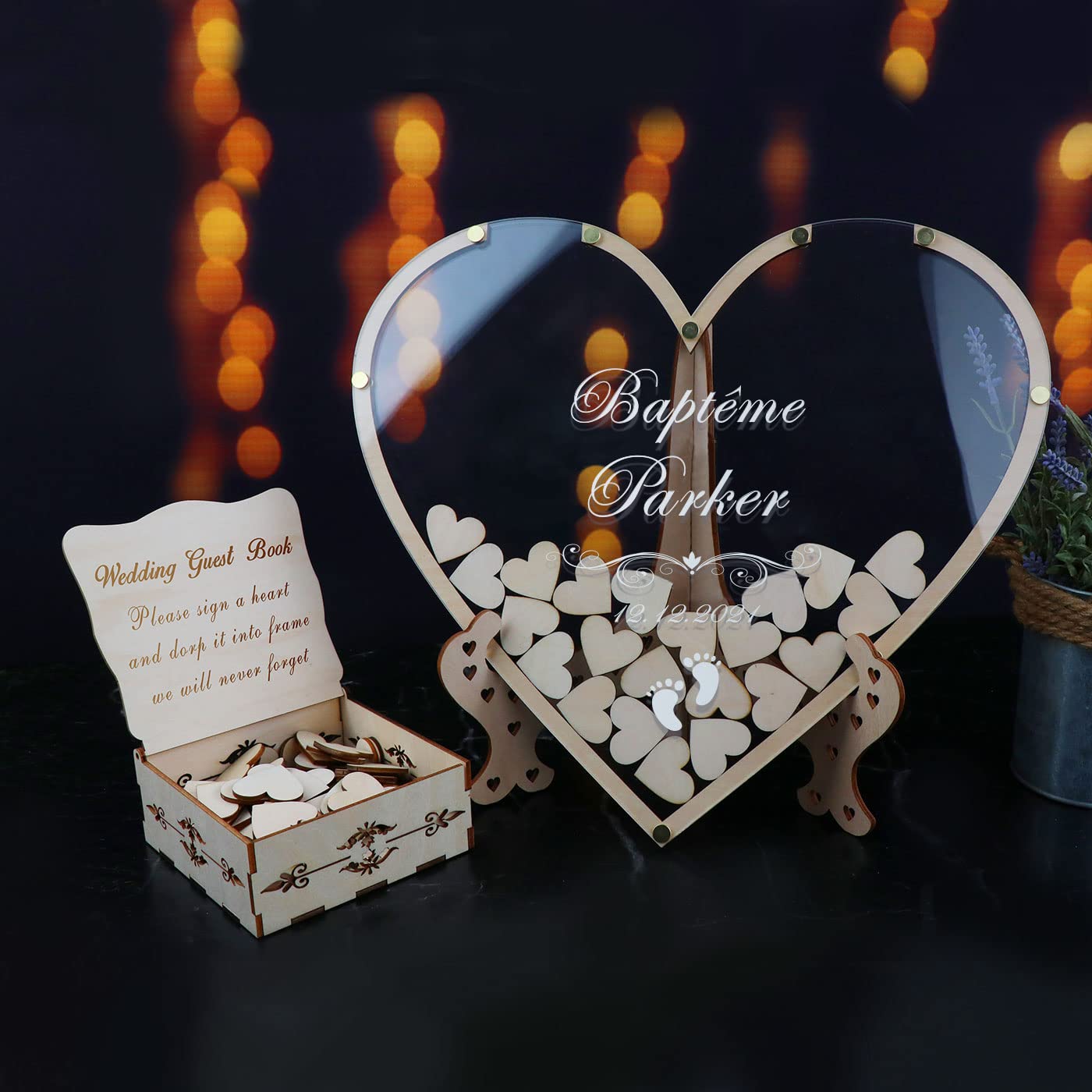 Personalized Heart Drop Guest Book Alternative with Box & Small Hearts - Rustic Wedding Decor, Anniversary & Baby Shower Keepsake - Perfect for Wedding Guest Signing, Anniversary Celebrations & Baby Shower Memories (Style10, Heart)