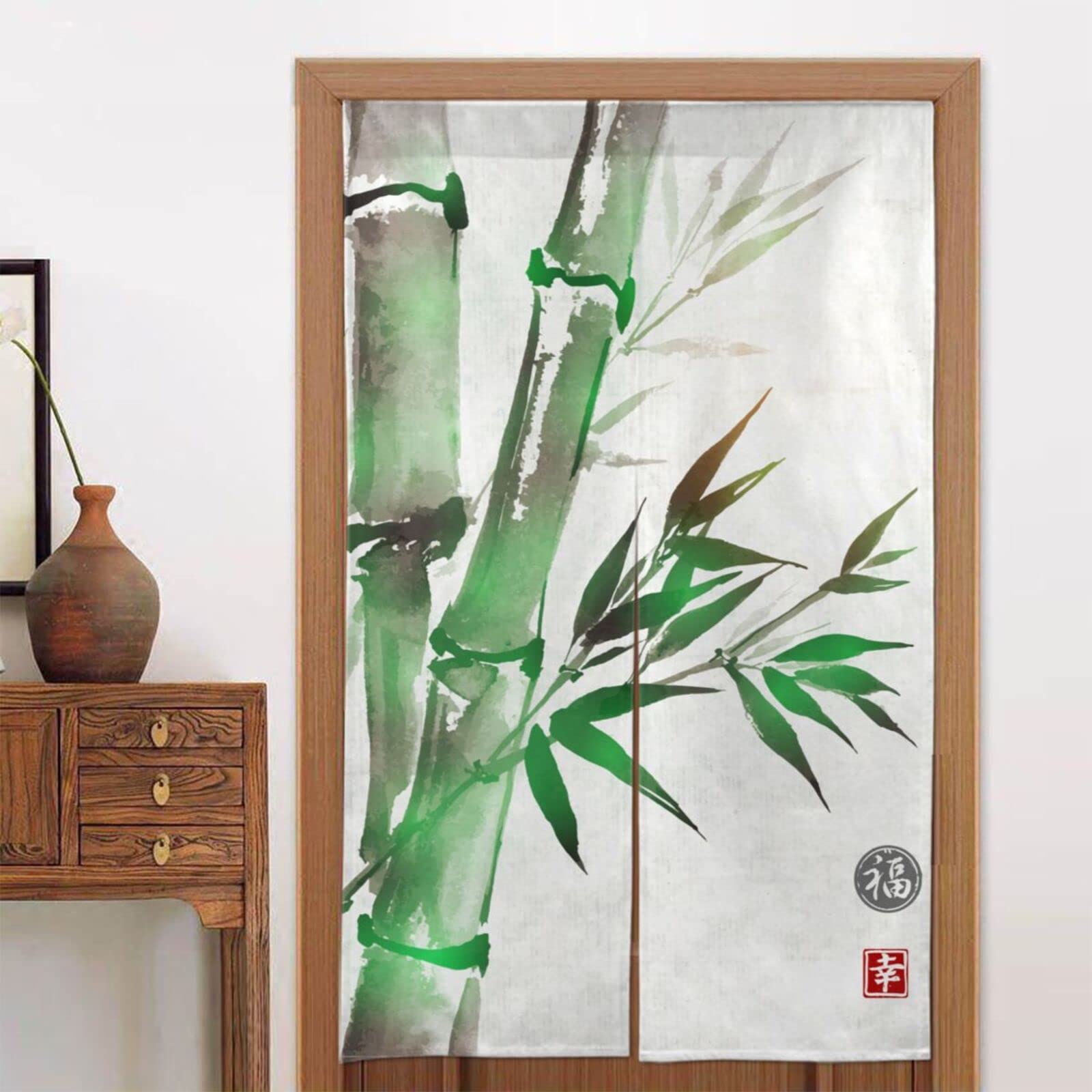 Japanese Noren Curtain - Traditional Green Bamboo Doorway Divider for Restaurants & Home Decor - Handmade Cotton Tapestry - Perfect for Entryways, Kitchens & Room Partitions