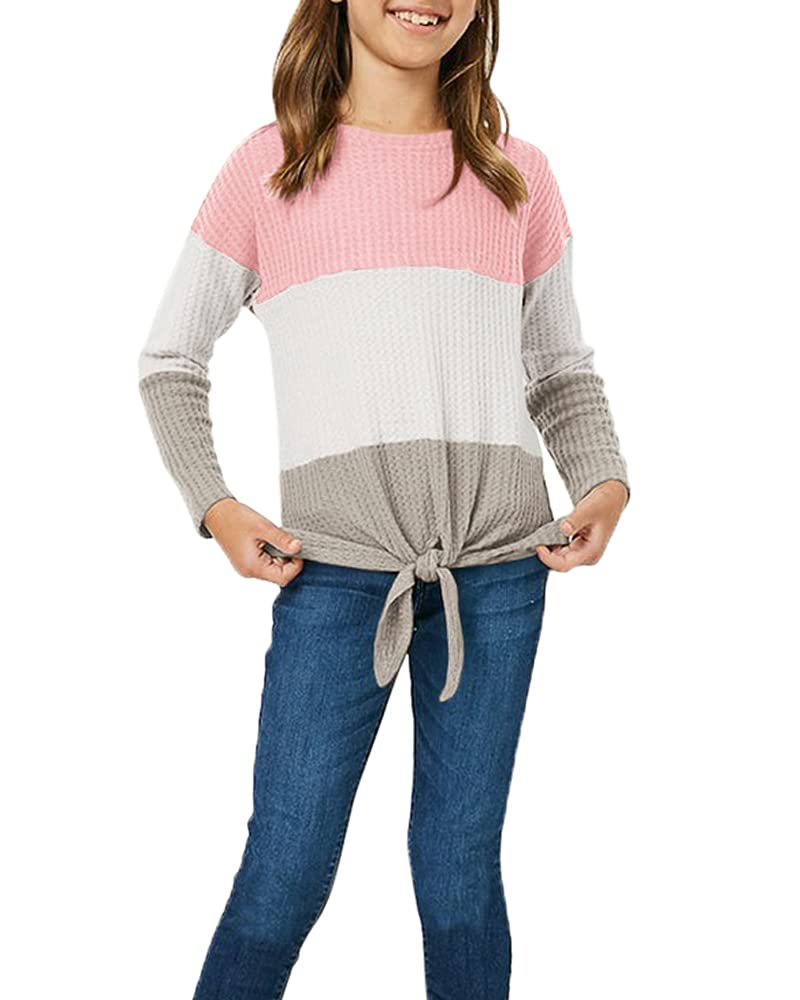 Girls Waffle Knit Colorblock Tie Front Long Sleeve Tunic Top - Casual Comfortable Kids Shirt for School, Playdates & Family Outings