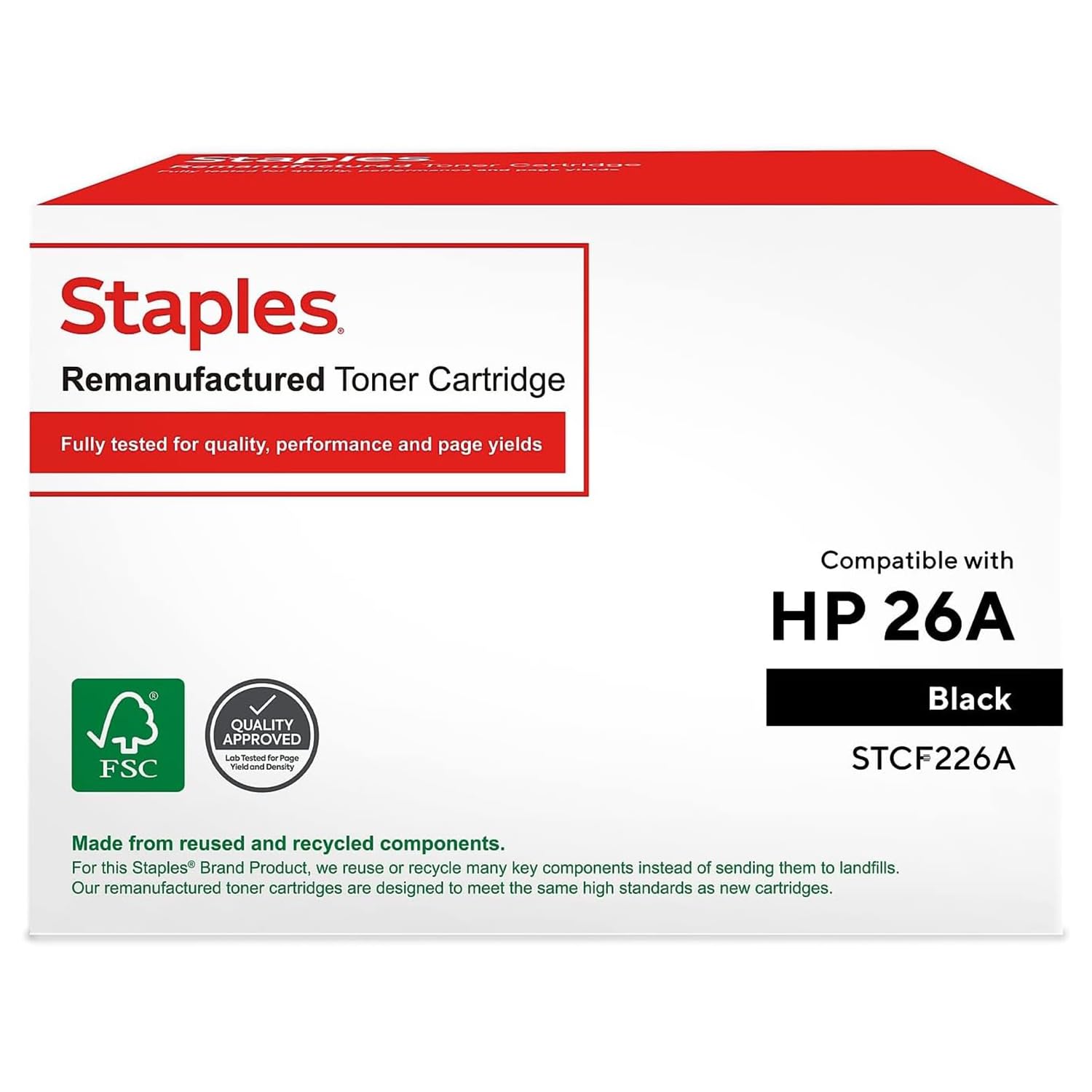 STAPLES Remanufactured Standard-Yield Black Toner Cartridge - Replacement for HP 26A (3,100 Pages) | Compatible with HP LaserJet Pro Printers | Ideal for Office & Home Printing Needs