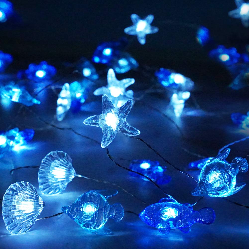 Decorman Sealife String Lights 14ft 40 LED Waterproof Outdoor Lights - 8 Lighting Modes, Remote Control & Timer - Cool White Battery Powered Fairy Lights for Bedroom, Wedding, Party, Garden, Patio Decor