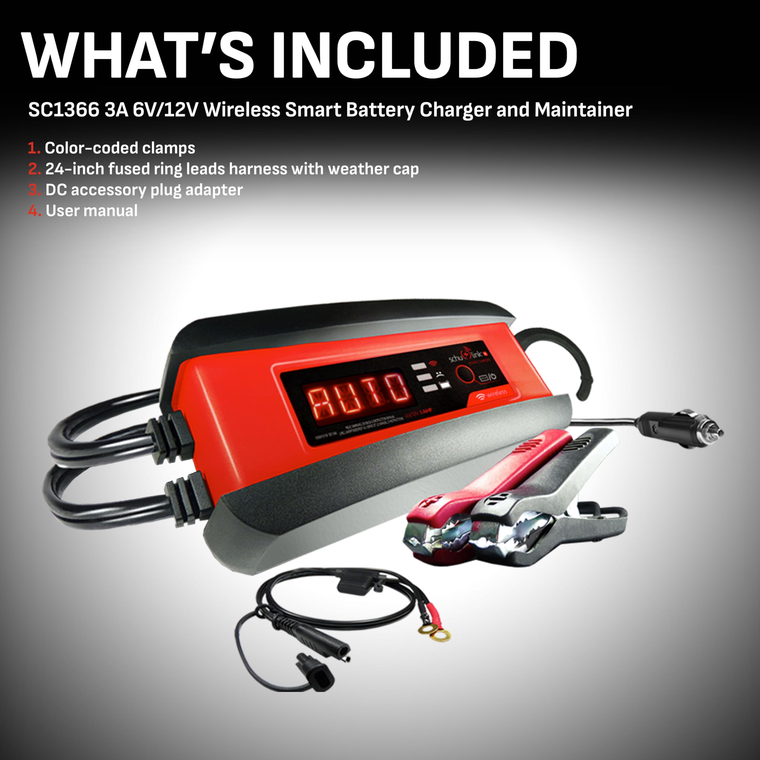 Schumacher SC1366 3A Smart Battery Charger & Maintainer - 3-in-1 Fully Automatic 6V/12V Wireless Charger for Motorcycle, Car, Lawn Tractor & Power Sports - Ideal for Winter Storage, RV Maintenance & Seasonal Vehicle Charging