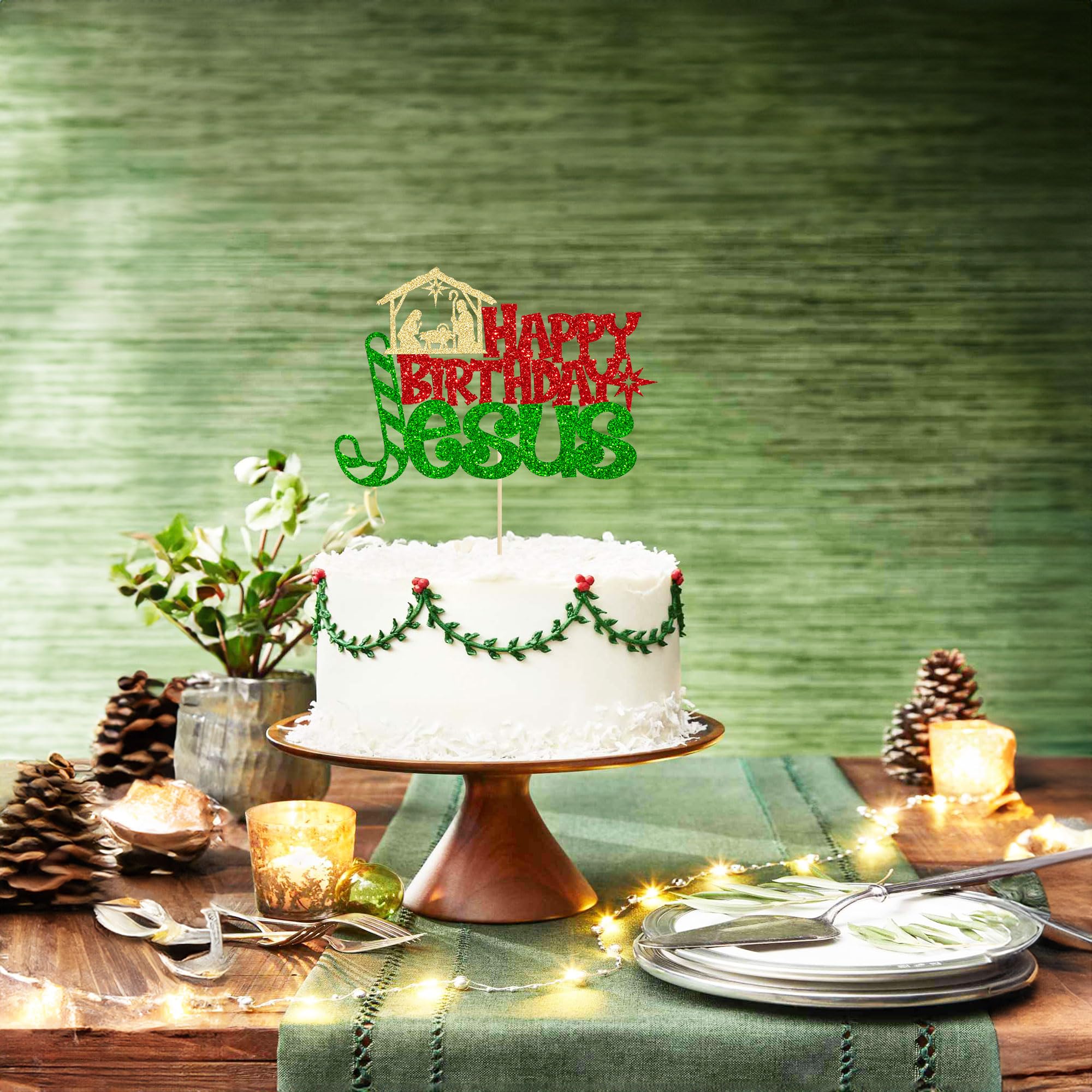 1Pcs Happy Birthday Jesus Cake Topper - Glitter Nativity Cake Decorations for Christmas & Birthday Parties - Merry Christmas Jesus Cake Pick - Red & Green Holiday Party Supplies - Perfect for Nativity Scene Decor, Christmas Celebrations & Religious Events