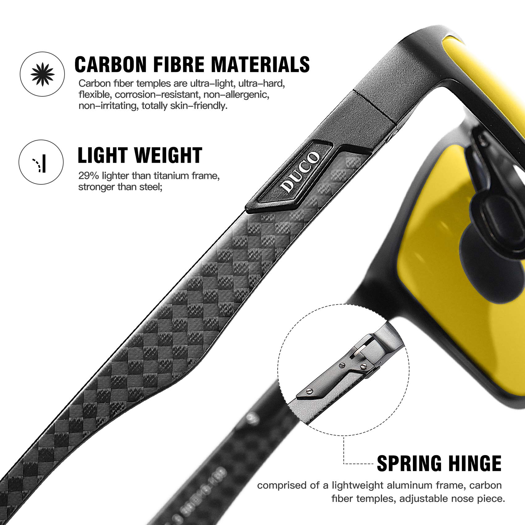 DUCO Night Driving Glasses for Men - Carbon Fiber Frame, Anti-Glare HD Night Vision, Polarized Sunglasses for Safe Night Driving | Perfect for Commuting, Road Trips & Low-Light Conditions