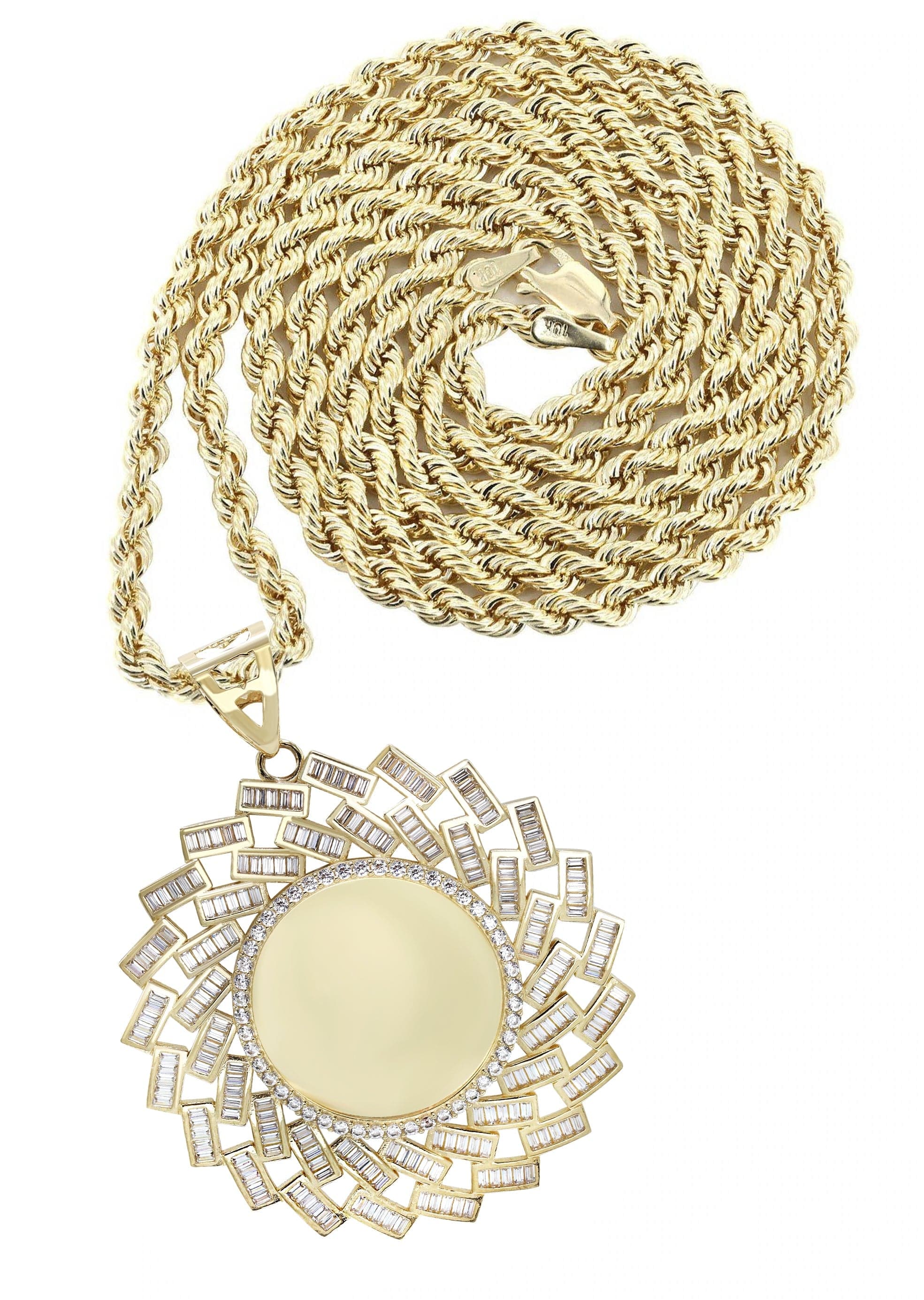 10K Yellow Gold Baguette Round Picture Necklace - 25 Grams | Elegant Personalized Jewelry Gift for Women, Mom, Wife | Perfect for Anniversaries, Birthdays & Special Occasions