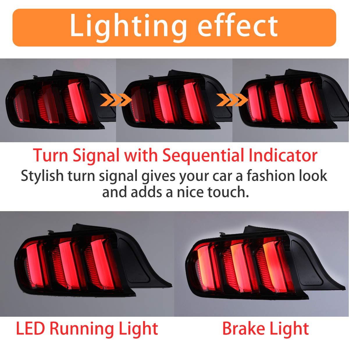 AUTOWIKI LED Tail Lights for 2015-2020 Ford Mustang (US Model) - Red Rear Lamps with Sequential Turn Signals - 2PCS - Perfect for Night Driving & Car Customization