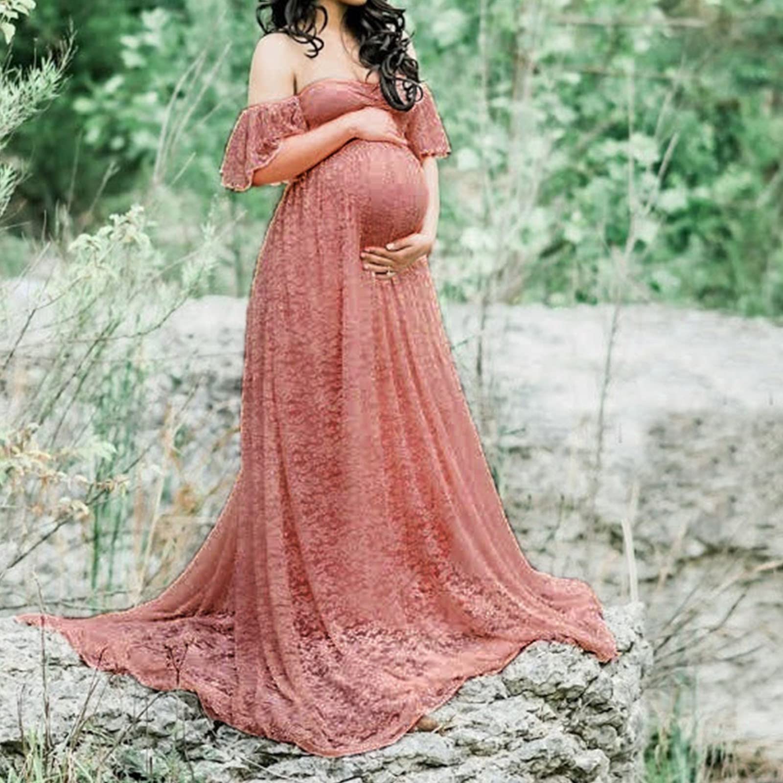 Elegant Floral Lace Maternity Photography Dress - Off Shoulder Pregnancy Gown for Photo Shoots, Baby Showers & Summer Maternity Photos