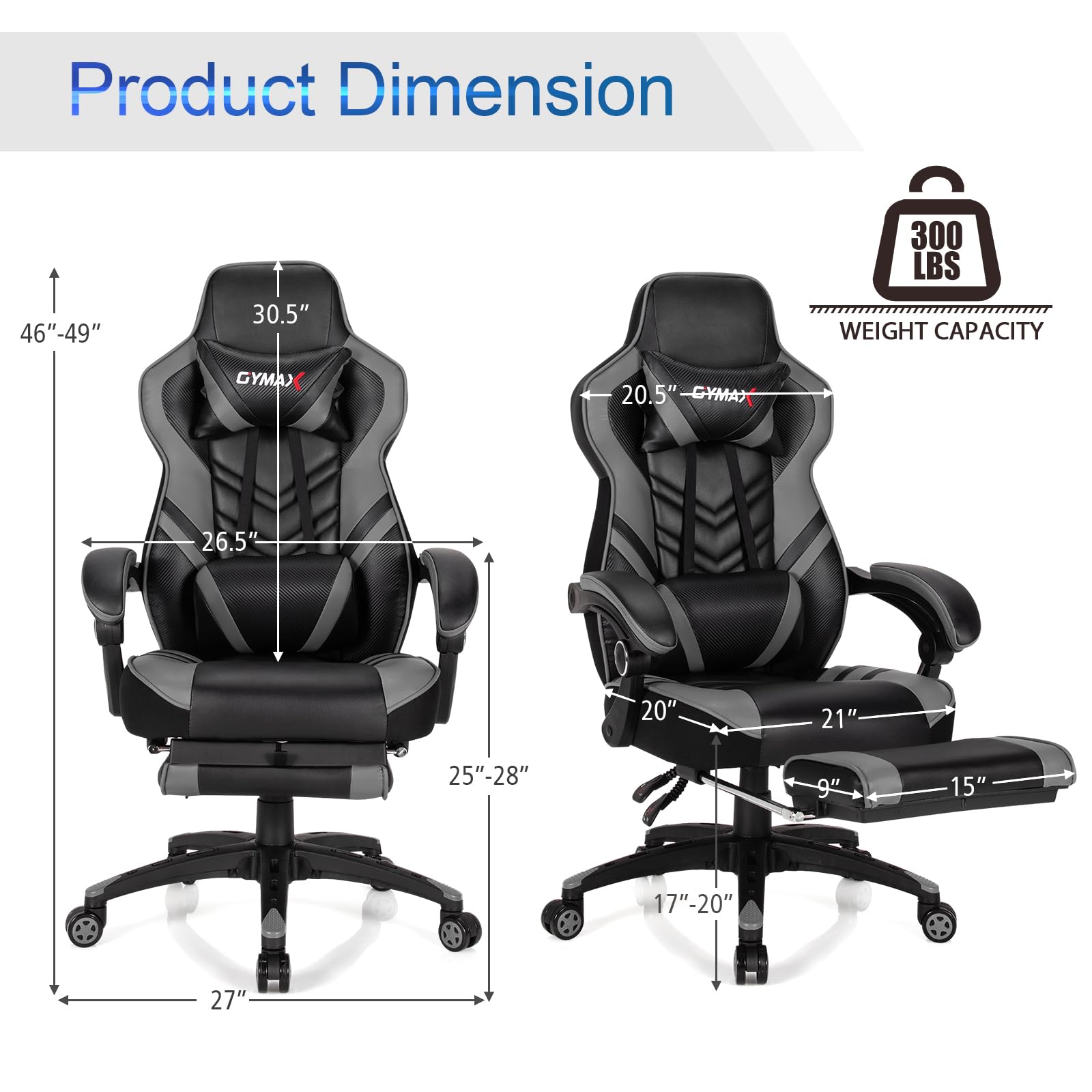 **Powerstone Ergonomic Gaming Chair with Adjustable Lumbar Support & Footrest - PU Leather Racing Style Computer Chair for Office & Home Gaming - Gray**    *(Perfect for Esports, Streaming, Work from Home & Long Gaming Sessions)*