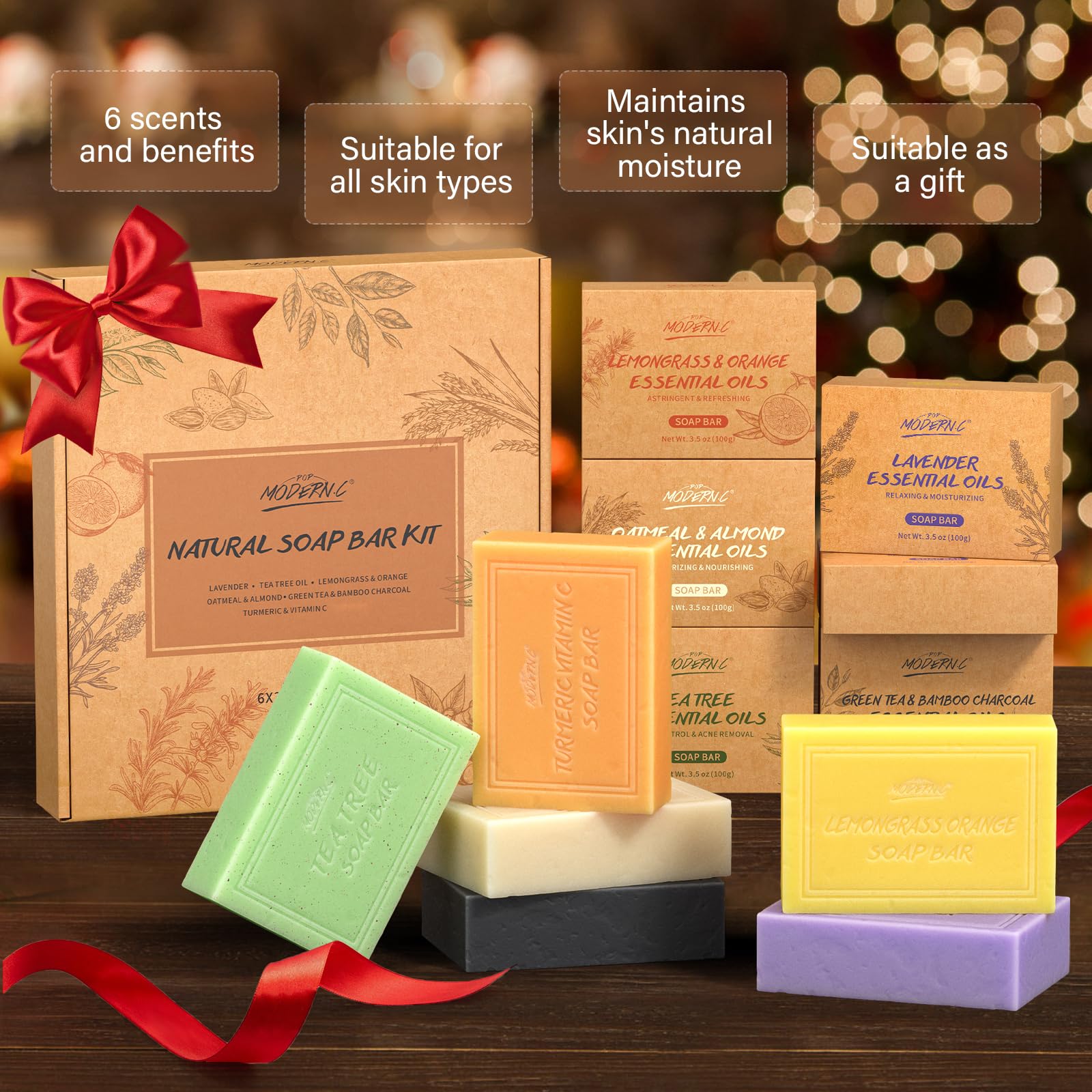 Organic Natural Soap Bar Gift Set - Lavender, Tea Tree, Lemongrass, Oatmeal Almond & More (6x3.5oz) | Chemical-Free Body Wash for Women & Men | Perfect for Spa Day, Self-Care Gifts & Eco-Friendly Bath Routine