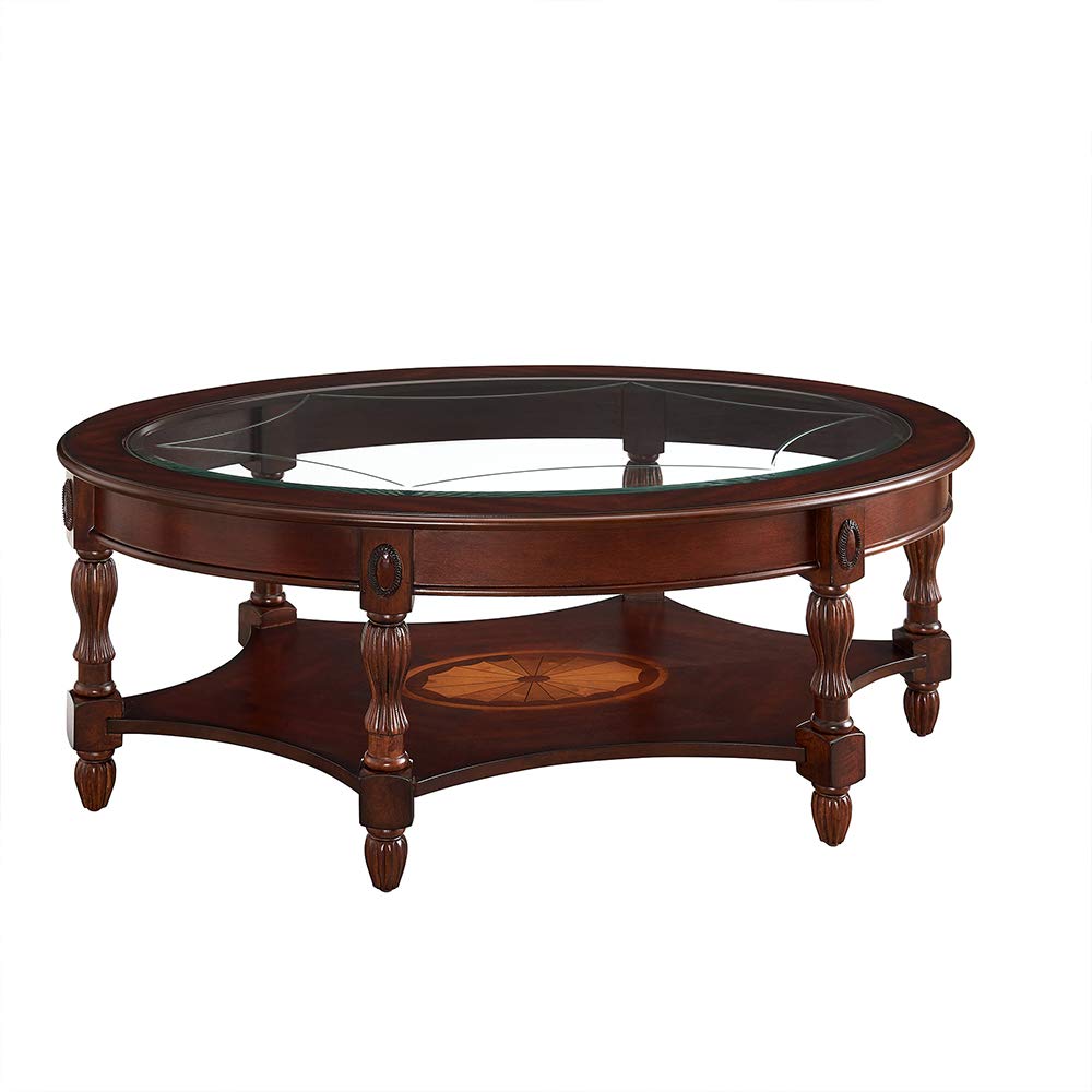 PADMA HOUSE Solid Wood Oval Coffee Table with Tempered Glass Top - Traditional Cherry Walnut Finish for Living Room, Family Room & Lounge Areas
