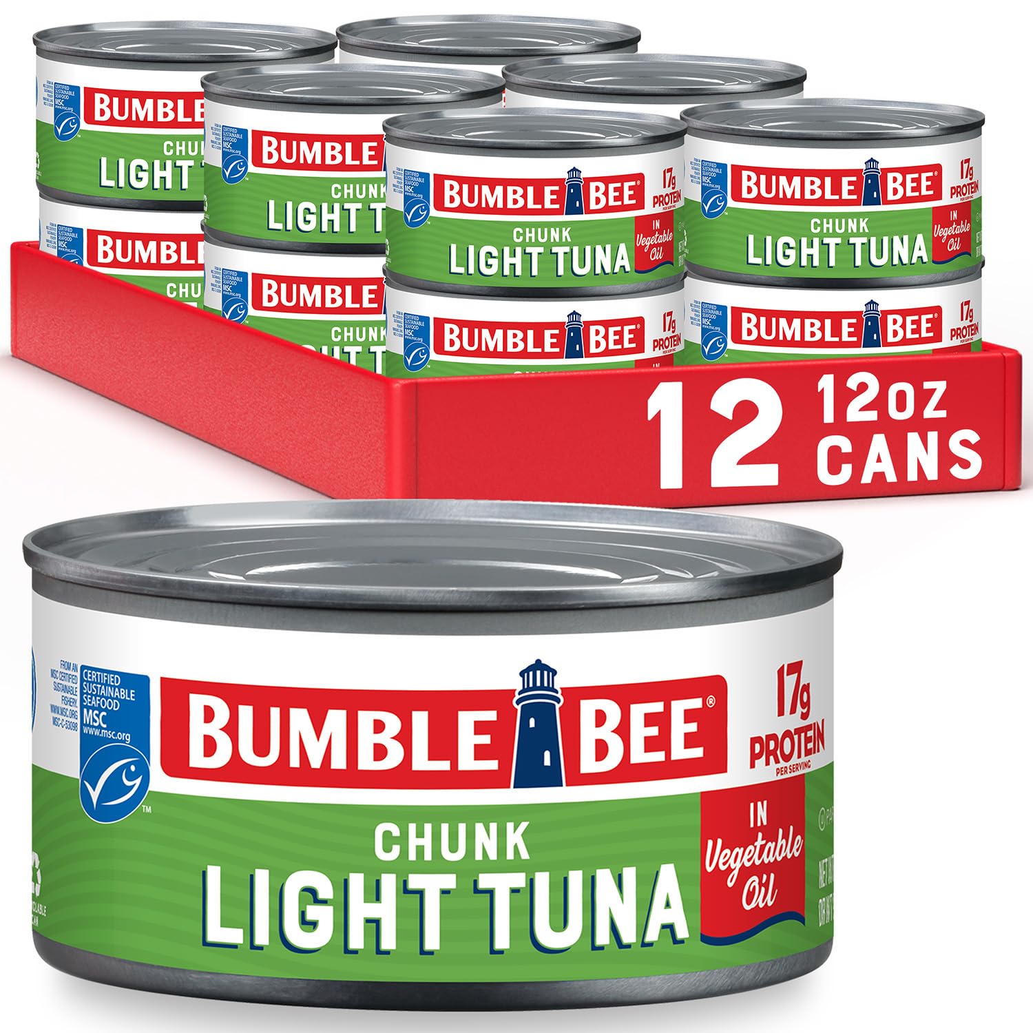 Bumble Bee Chunk Light Tuna in Oil, 12 oz Can (Pack of 12) - Wild Caught Skipjack Tuna - High Protein (17g per Serving) - MSC Certified Sustainable Seafood - Non-GMO, Gluten Free, Kosher - Perfect for Salads, Sandwiches, and Quick Meals