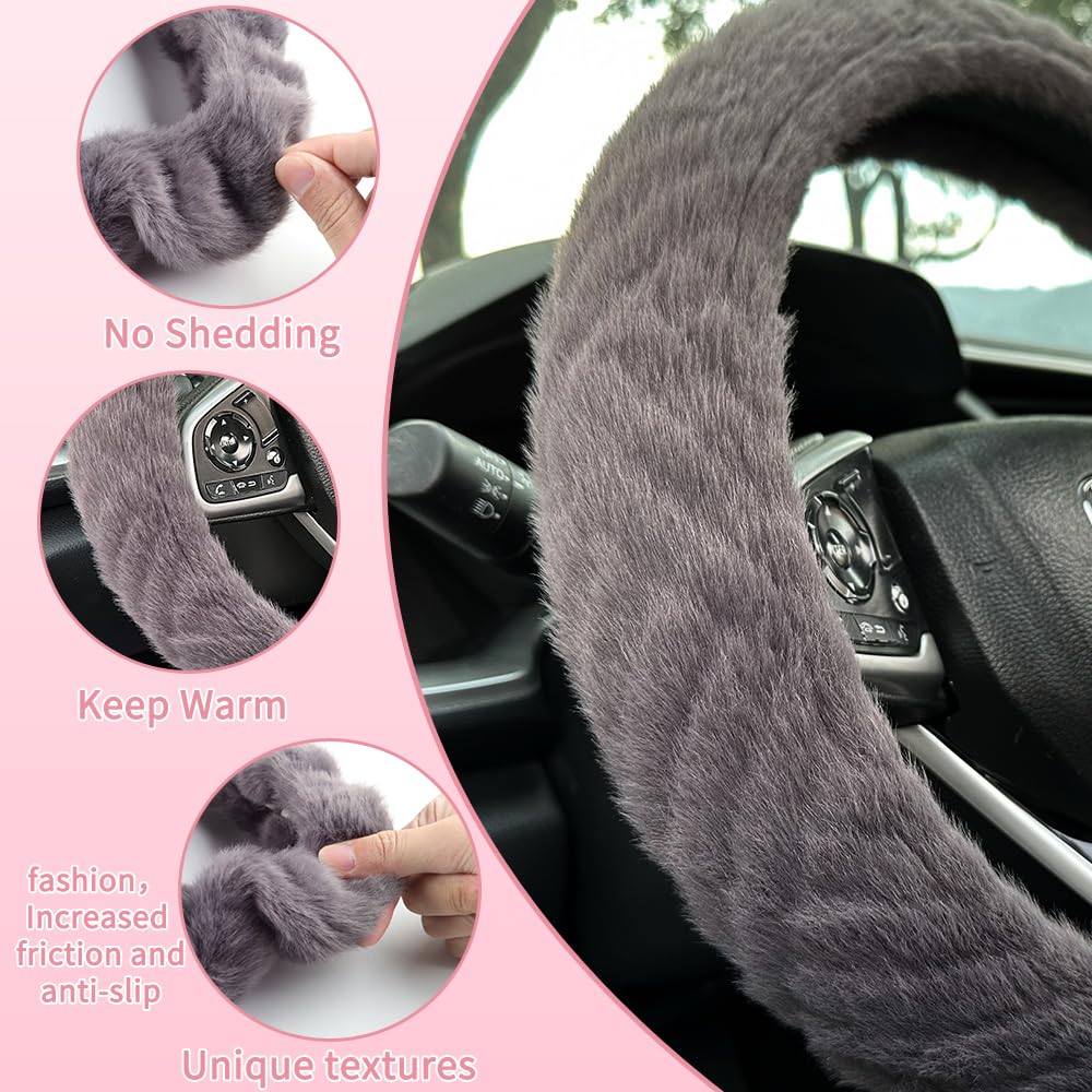 Fluffy Plush Steering Wheel Cover for Women - Soft, Non-Slip & Winter Warm Universal Fit 14-15 Inch (Grey) - Perfect for Cold Weather Driving & Car Interior Decoration