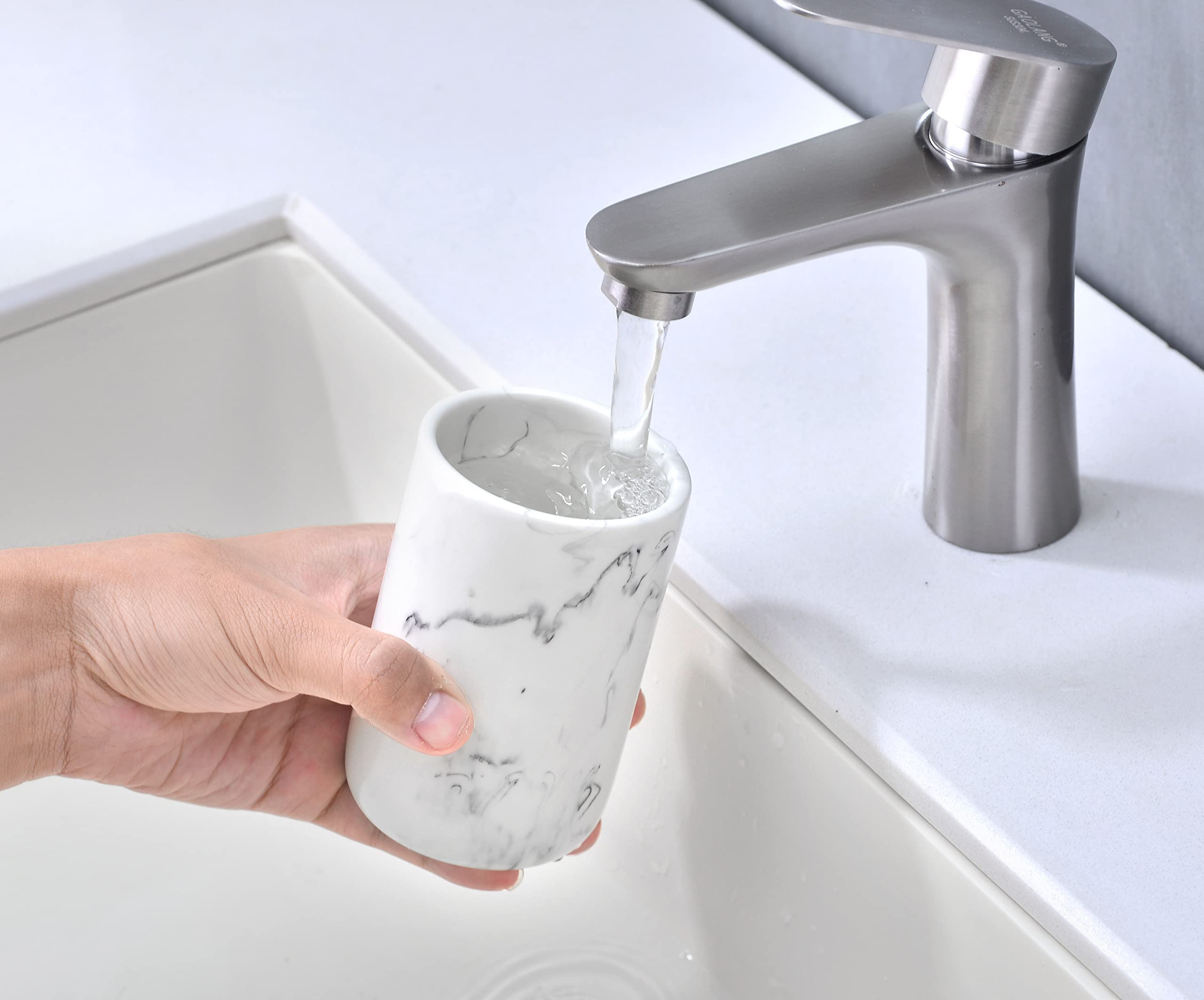 White Marble Look Resin Bathroom Tumbler Cup - Multifunctional Toothbrush & Toothpaste Holder, Pencil Organizer for Bathroom Countertop | Stylish Vanity Accessory for Modern Home Decor