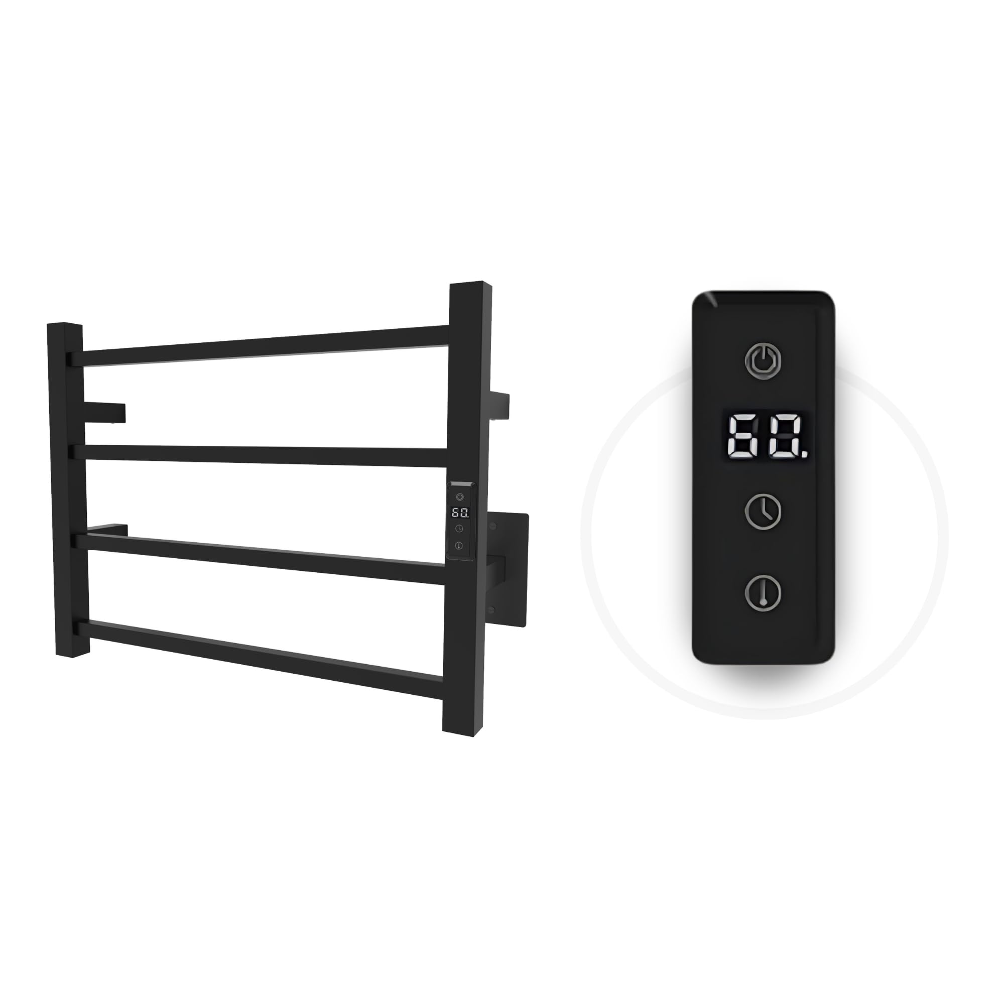 Odass Premium Electric Towel Warmer - Built-in Timer with LED Display, 1H-8H Settings & ON/OFF Mode, Adjustable Temperature 30°C-60°C, Wall Mounted 4-Bar Design in Matte Black - Perfect for Bathrooms, Spas, and Luxury Home Heating