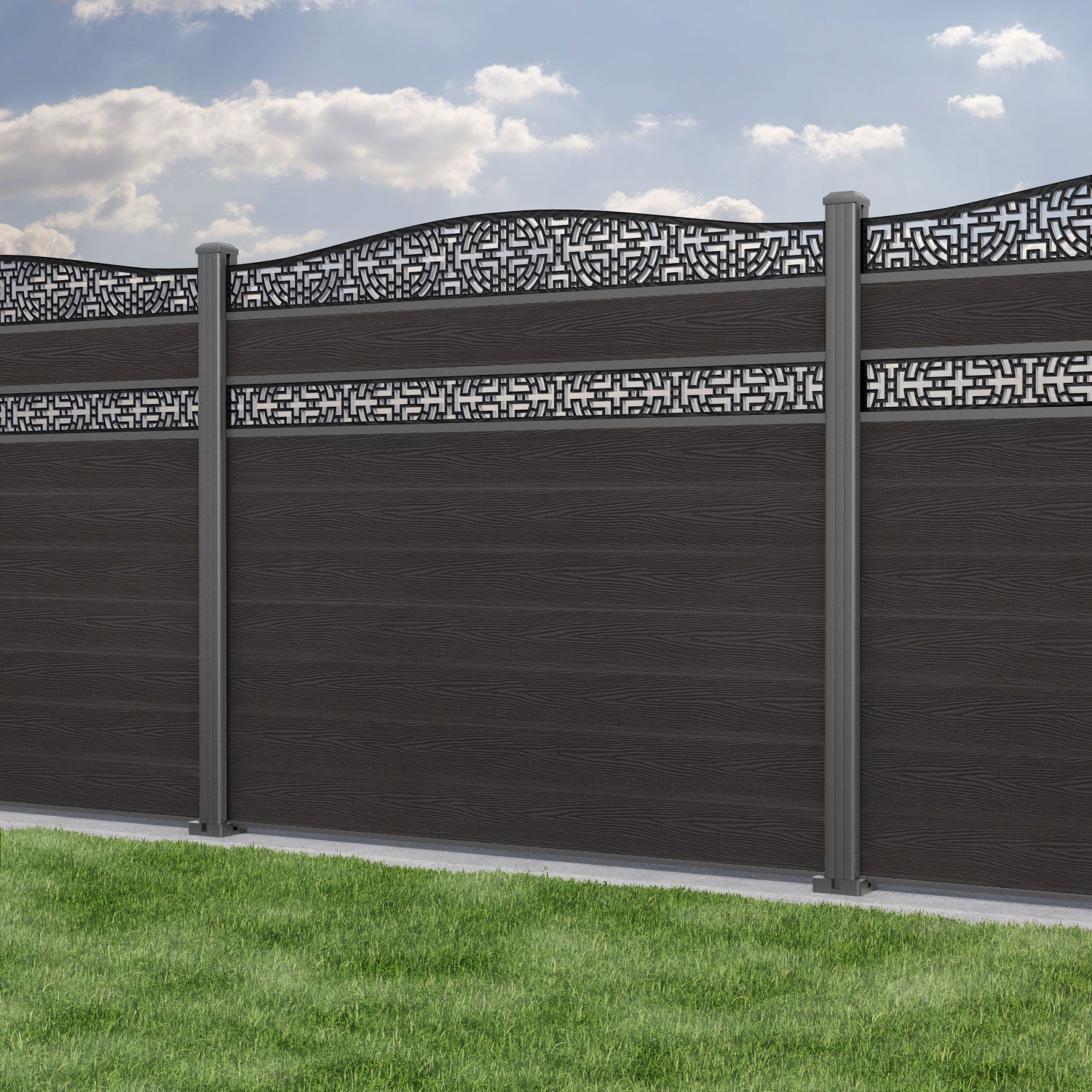 Classic Kumo Curved Top Split Screen Fence Panel - Dark Oak Finish with Aluminum Posts | Privacy Fencing for Backyard, Garden & Patio