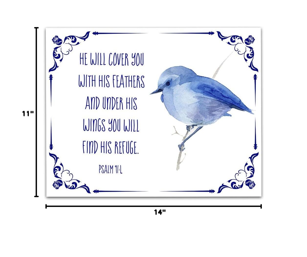 Psalm 91:4 Bible Verse Wall Print - 11x14 Watercolor Art - Inspirational Home Decor & Gift