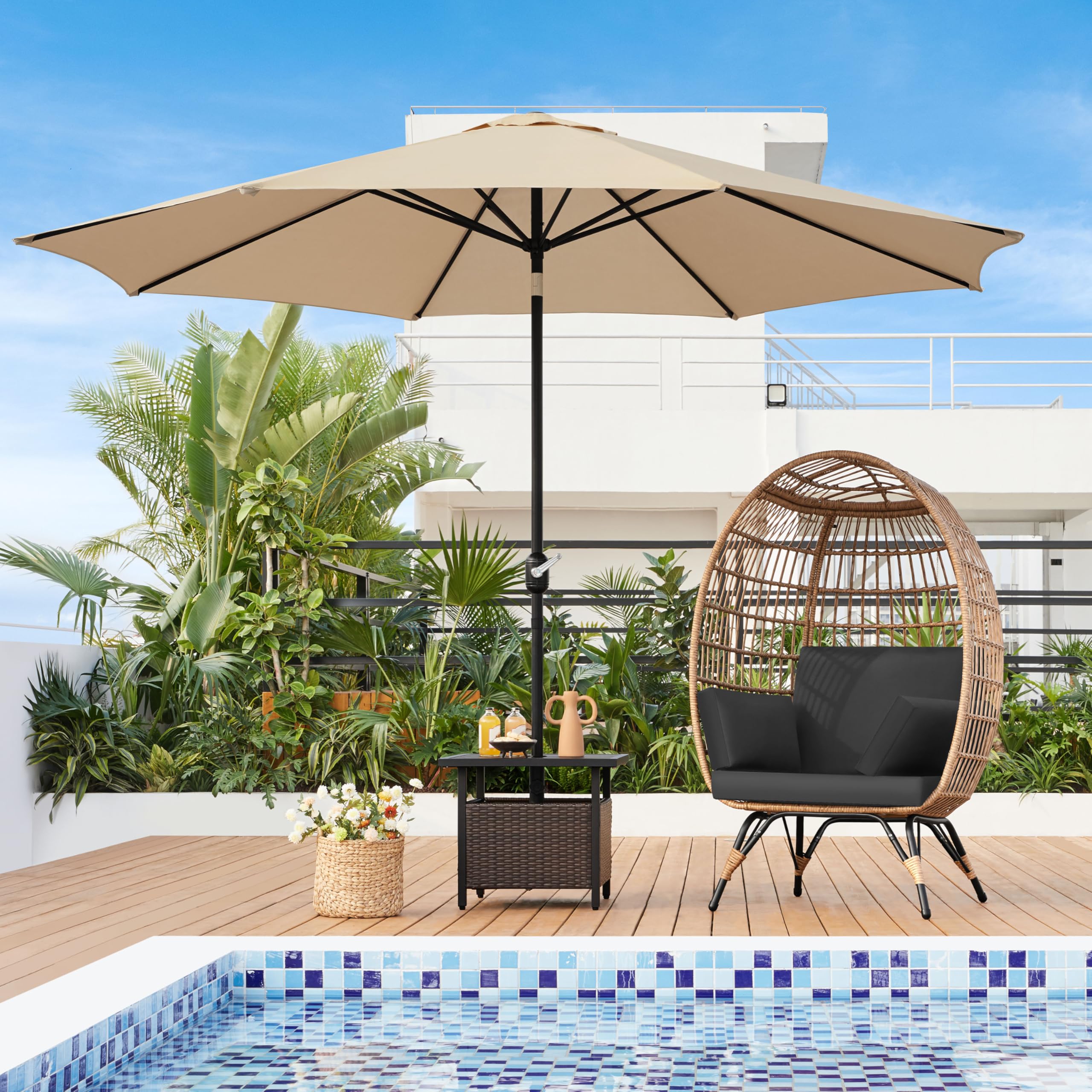 Yaheetech Oversized Egg Rattan Chair - Indoor/Outdoor PE Wicker Hanging Basket Lounger with 4 Cushions & Metal Stand for Patio, Balcony, Backyard, Living Room - Light Brown/Black - Perfect for Relaxing, Reading & Sunbathing