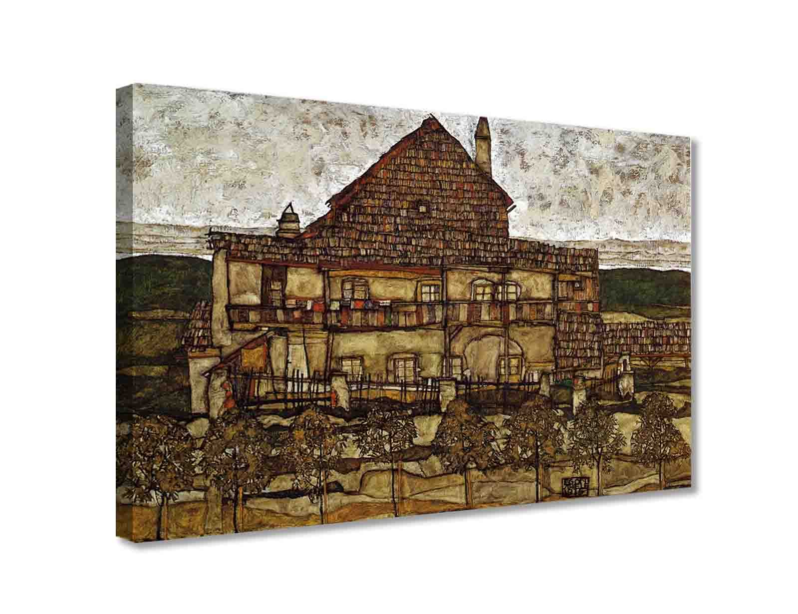 Egon Schiele Abstract Canvas Wall Art - Framed House with Shingles Painting (70x90cm/28x35in) - Modern Farmhouse Decor for Living Room, Bedroom & Home Office