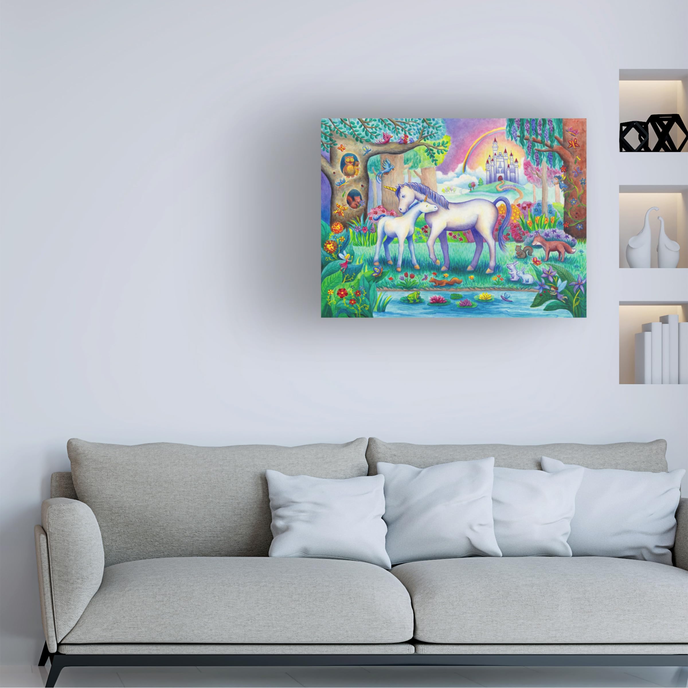 Trademark Fine Art 'Unicorn Foal Castle' Canvas Wall Art Print by Alvina Kwong - Fantasy Nursery Decor, Kids Room Decor, Bedroom Wall Decor