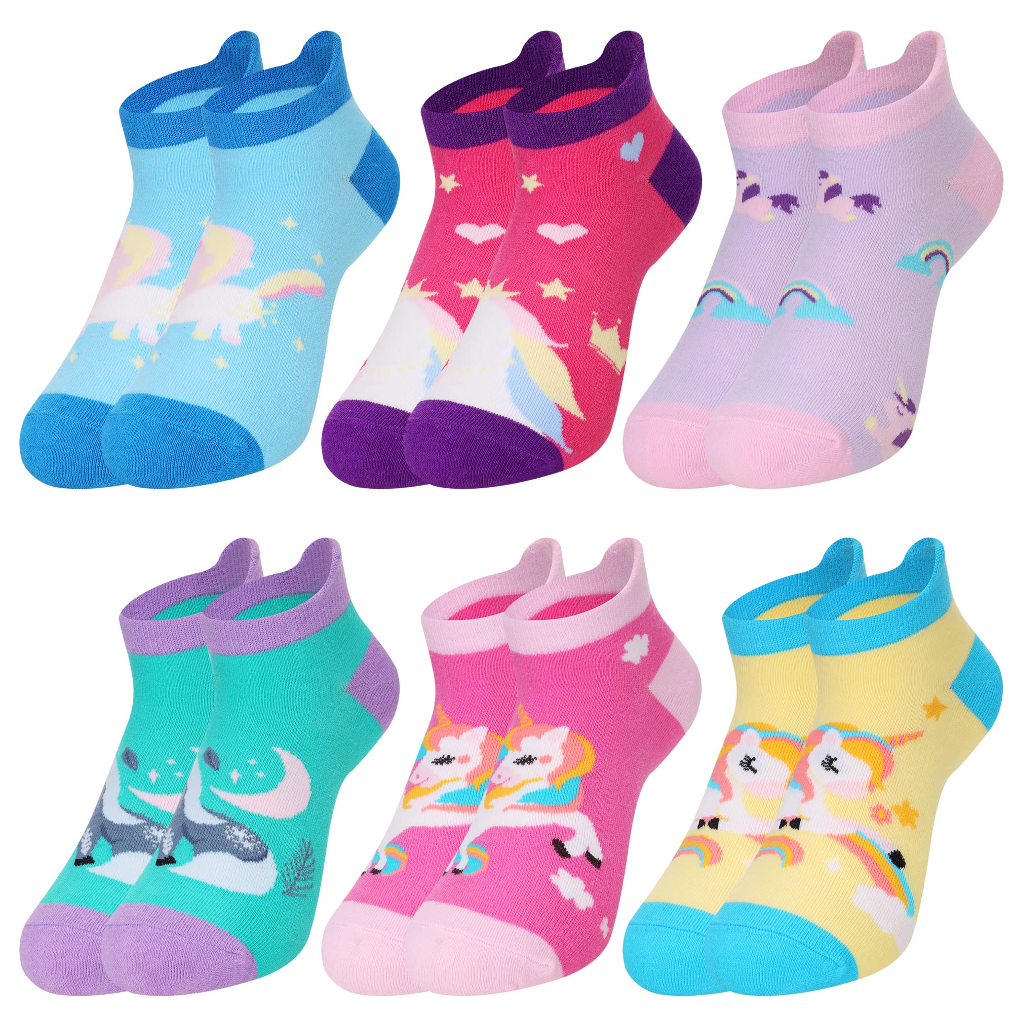 WEVIAS Girls Unicorn Ankle Socks - 6 Pairs No Show Low Cut Cotton Socks with Cartoon Design for Kids - Perfect for School, Playtime & Everyday Wear