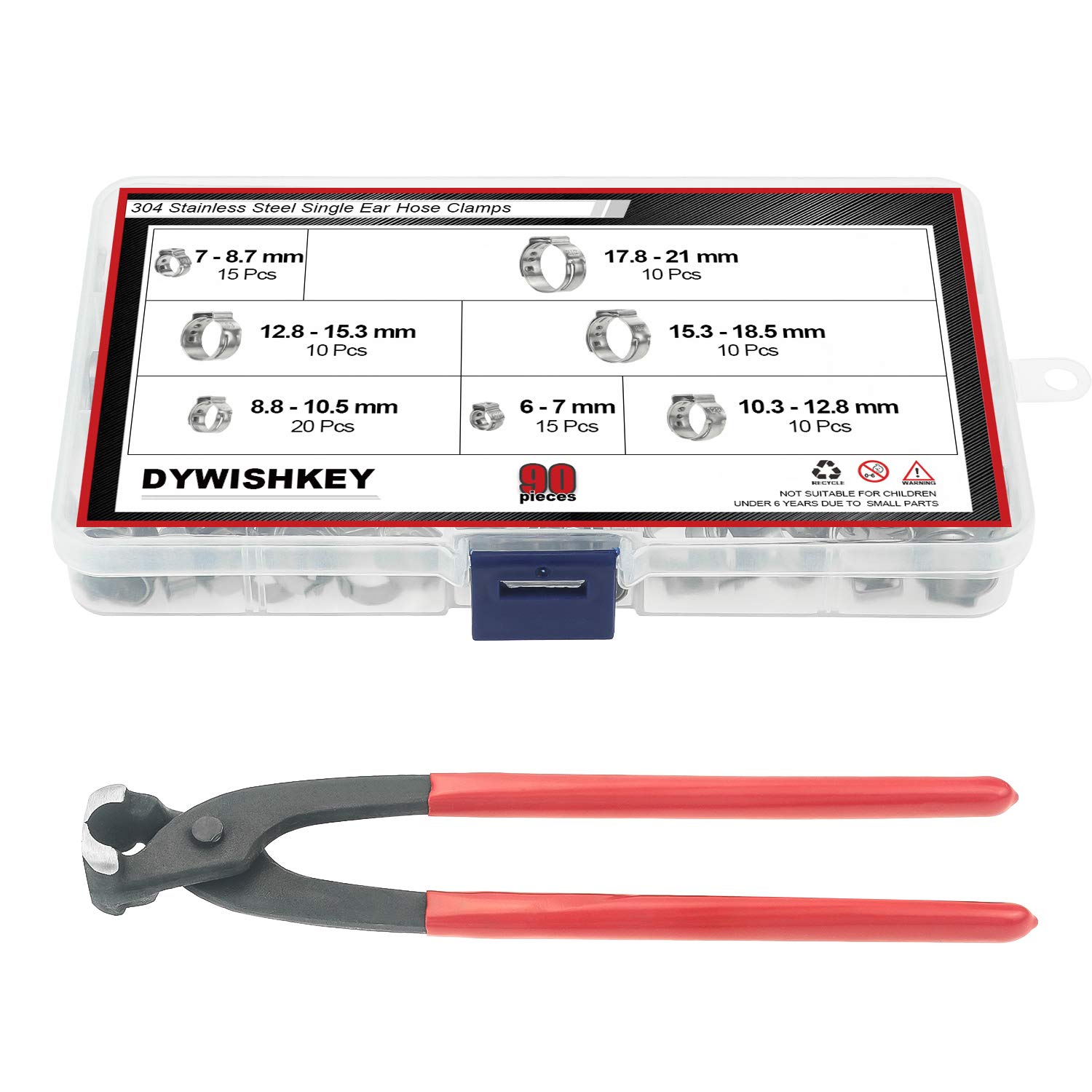 DYWISHKEY 304 Stainless Steel Single Ear Hose Clamps with Pincers Kit (90 PCS) - Heavy Duty Clamps for Automotive, Plumbing, and Industrial Applications