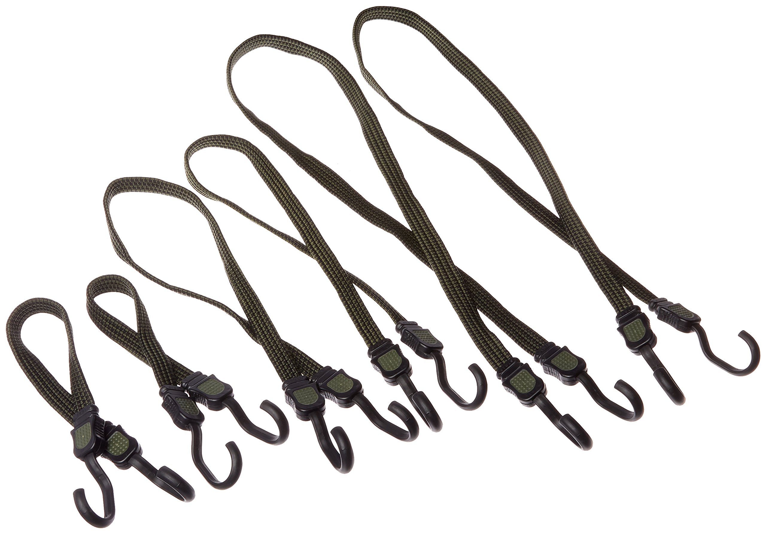 Buffalo Tools FBUNGEE6 Flat Bungee Cords 6-Pack - Heavy Duty Elastic Straps with Hooks for Securing Cargo, Camping Gear, and Outdoor Equipment - Ideal for Trucks, Trailers, and Storage Organization
