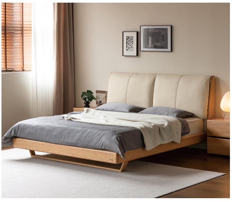 Italian Light Luxury Solid Wood Bed in Oak & Ash with Genuine Leather Upholstery - Perfect for Master Bedrooms, Guest Rooms & Modern Home Decor