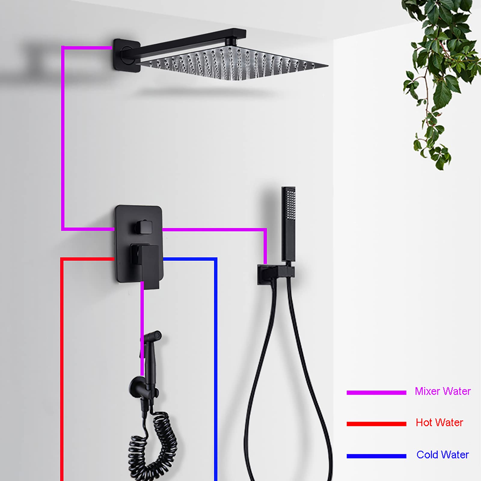 Black Wall Mounted Single Handle Rain Shower System - Brass Mixer Shower Combo with Square Rain Shower Head, Handheld Shower & Bidet Sprayer (16 Inch) for Modern Bathroom, Spa-Like Shower Experience