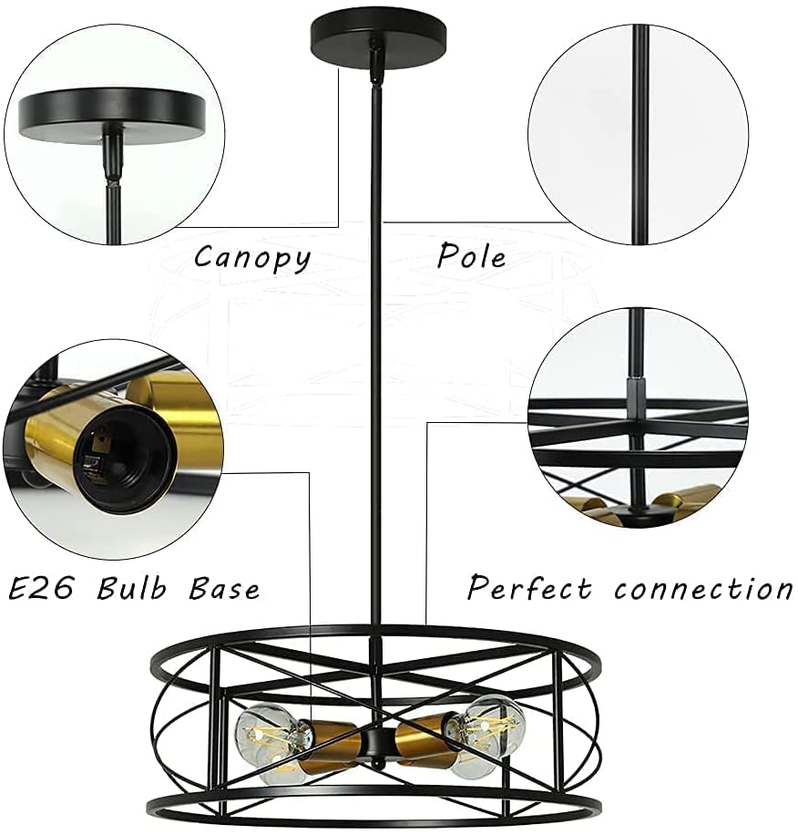 DLLT 4-Light Black Round Pendant Lighting Fixture - 18 Inch Industrial Metal Drum Cage Chandelier - Farmhouse Hanging Light for Dining Room Kitchen Living Room Bedroom Hallway - Perfect for Rustic Home Decor & Modern Interior Design