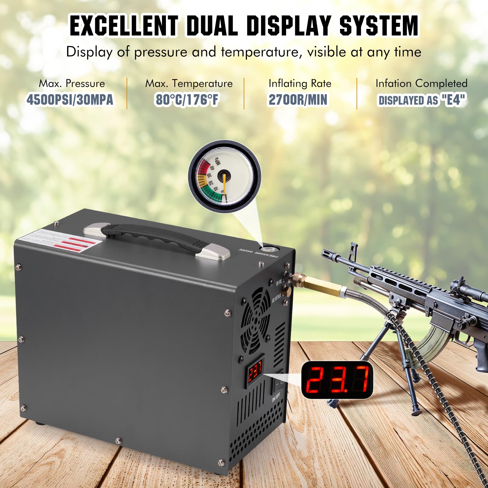 High-Pressure PCP Air Compressor 4500PSI/30MPA - Portable Oil-Free Airgun Compressor with One Button Start, Burst Disc & Built-in Fan - 12V DC/110V AC for PCP Rifles, Pistols & Paintball Tanks - Perfect for Hunting, Shooting Sports & Outdoor Adventures