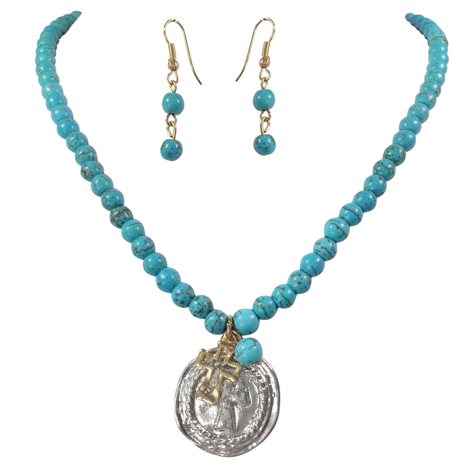 Simulated Turquoise Silver Tone Cross Necklace & Earrings Set - Vintage Bohemian Jewelry for Women - Perfect for Weddings, Parties, and Everyday Boho Fashion