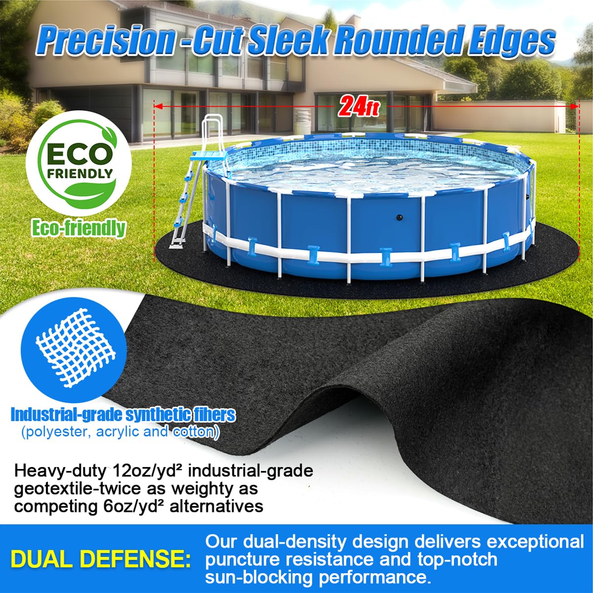 Abimars 24ft Round Above Ground Pool Liner Pad - Thick Double Density Puncture Resistant Swimming Pool Bottom Mat for Comfort & Protection | Perfect for Backyard, Inflatable & Metal Frame Pools | Black
