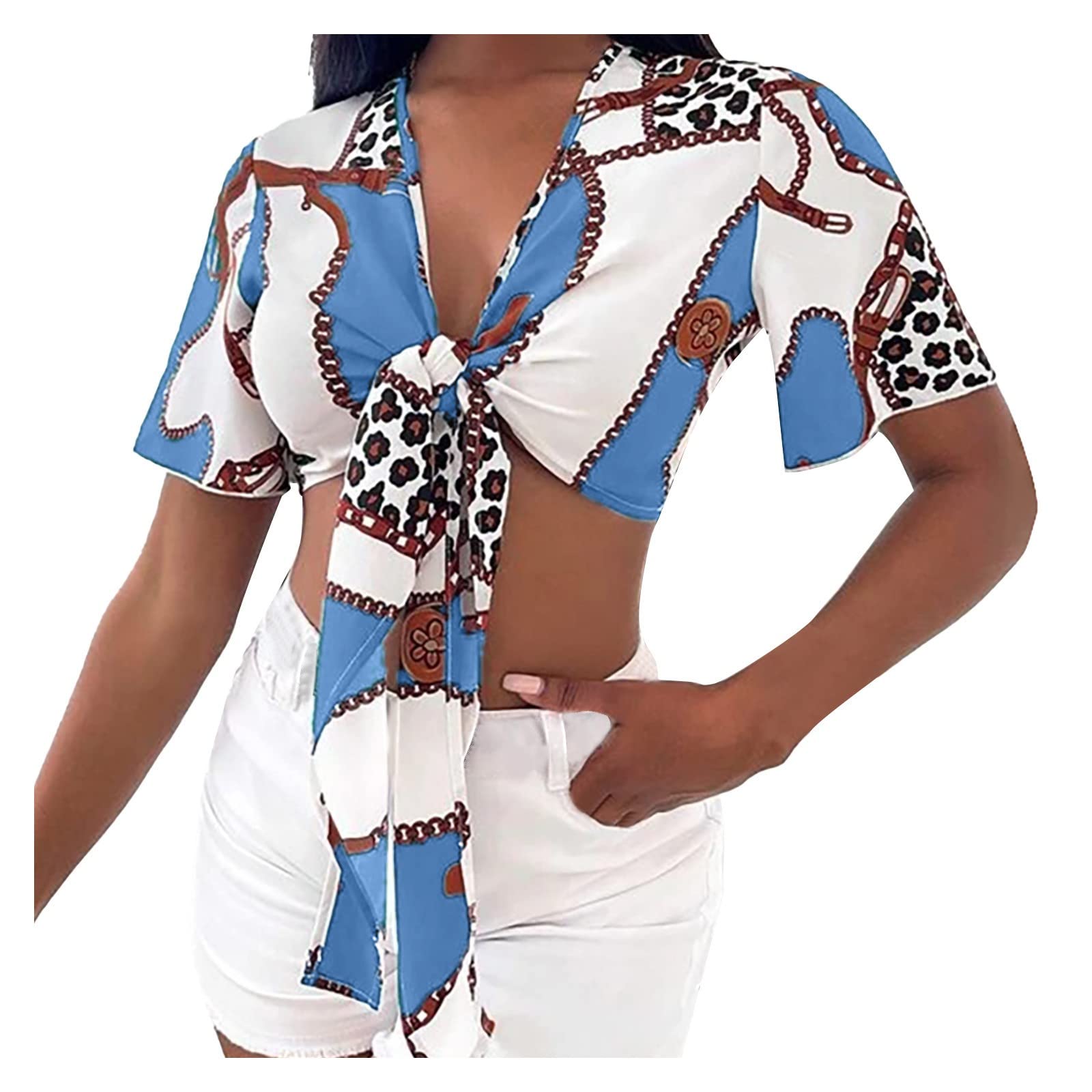 Youeneom Women's Sexy Slim Fit Printed Short Sleeve Cropped T-Shirt with Bow - Summer Fashion Top for Casual Outings, Dates & Beach Wear