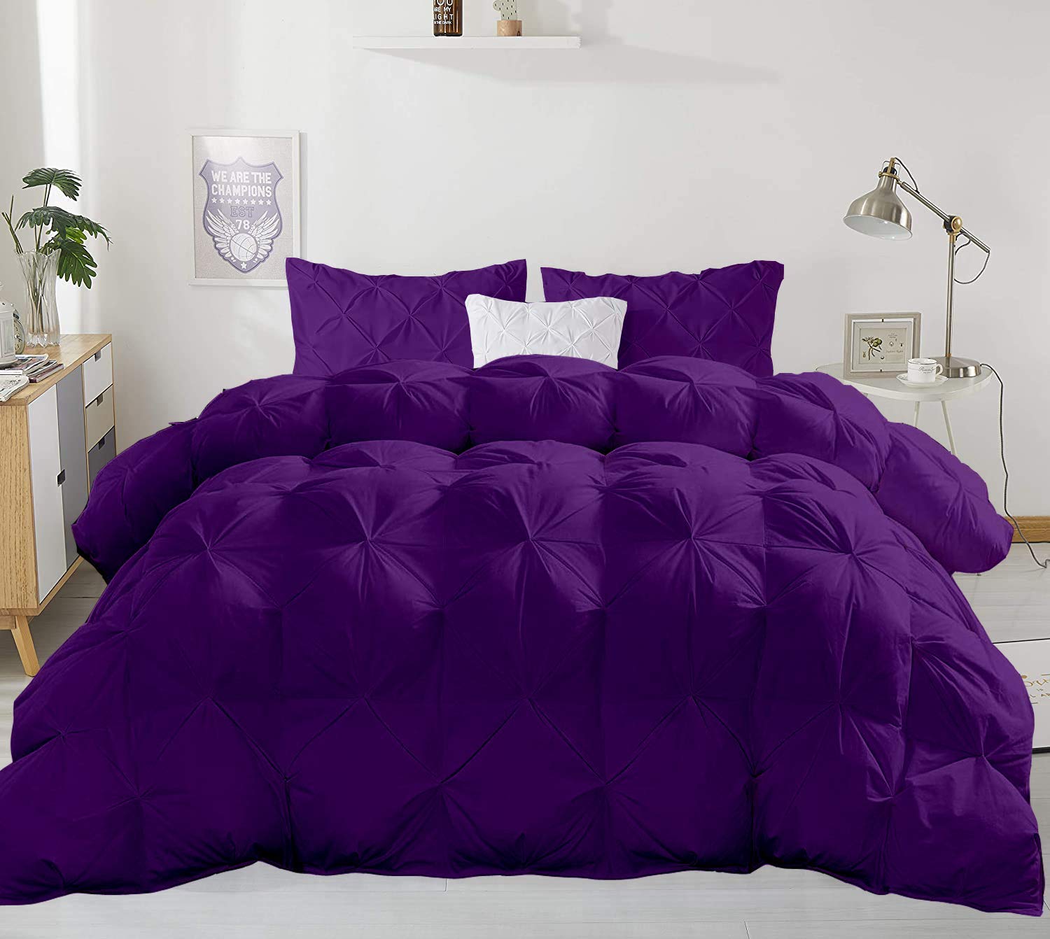 Soft Pinch Quilt 500 GSM Plum Down 5-Piece Oversized Queen Comforter Set with 4 Pillowcases - 1200 Series Egyptian Cotton Bedding for Luxury Hotel-Style Bedroom Decor