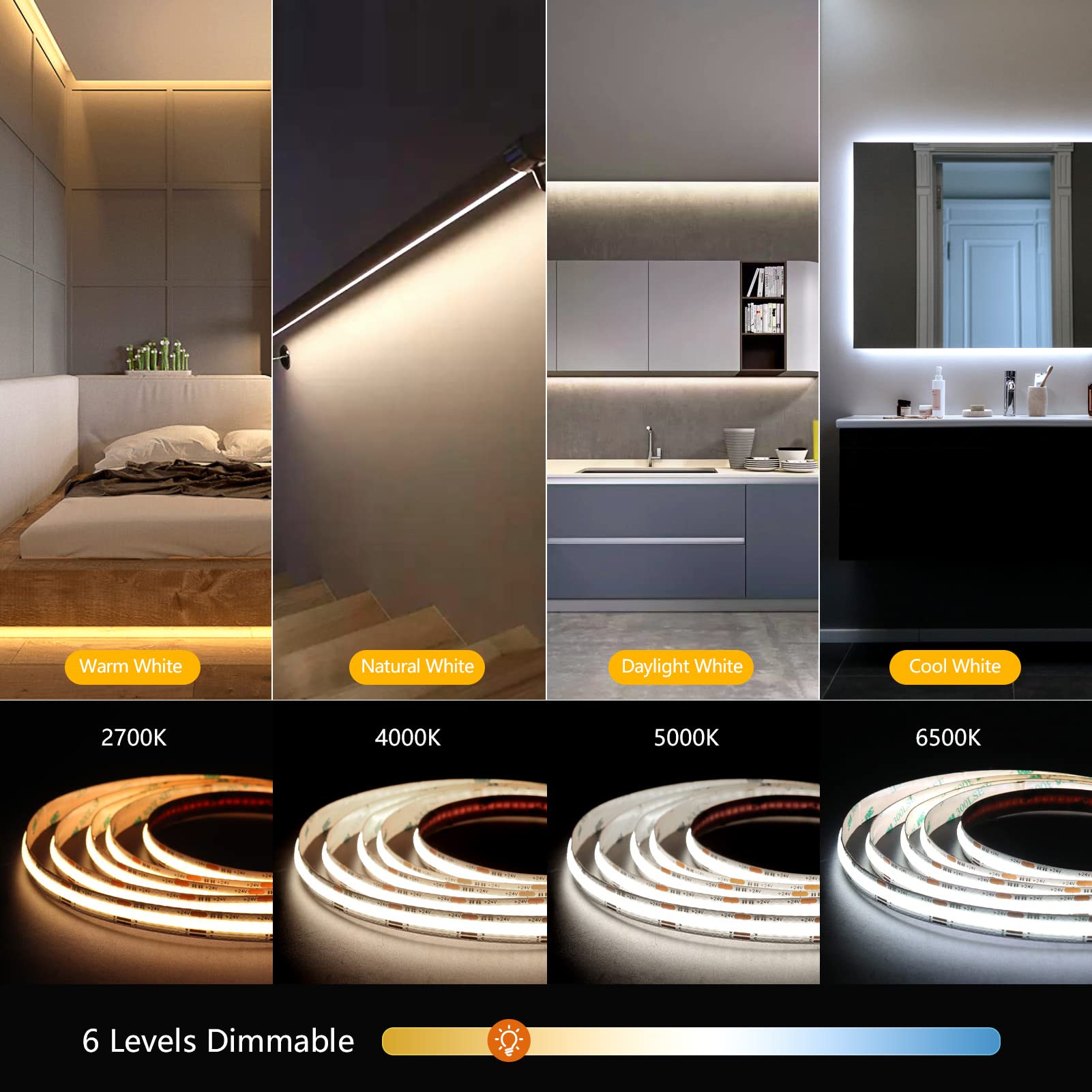 Bright COB LED Strip Lights 16.4ft 6000LM - Dimmable for Bedroom, TV Backlight